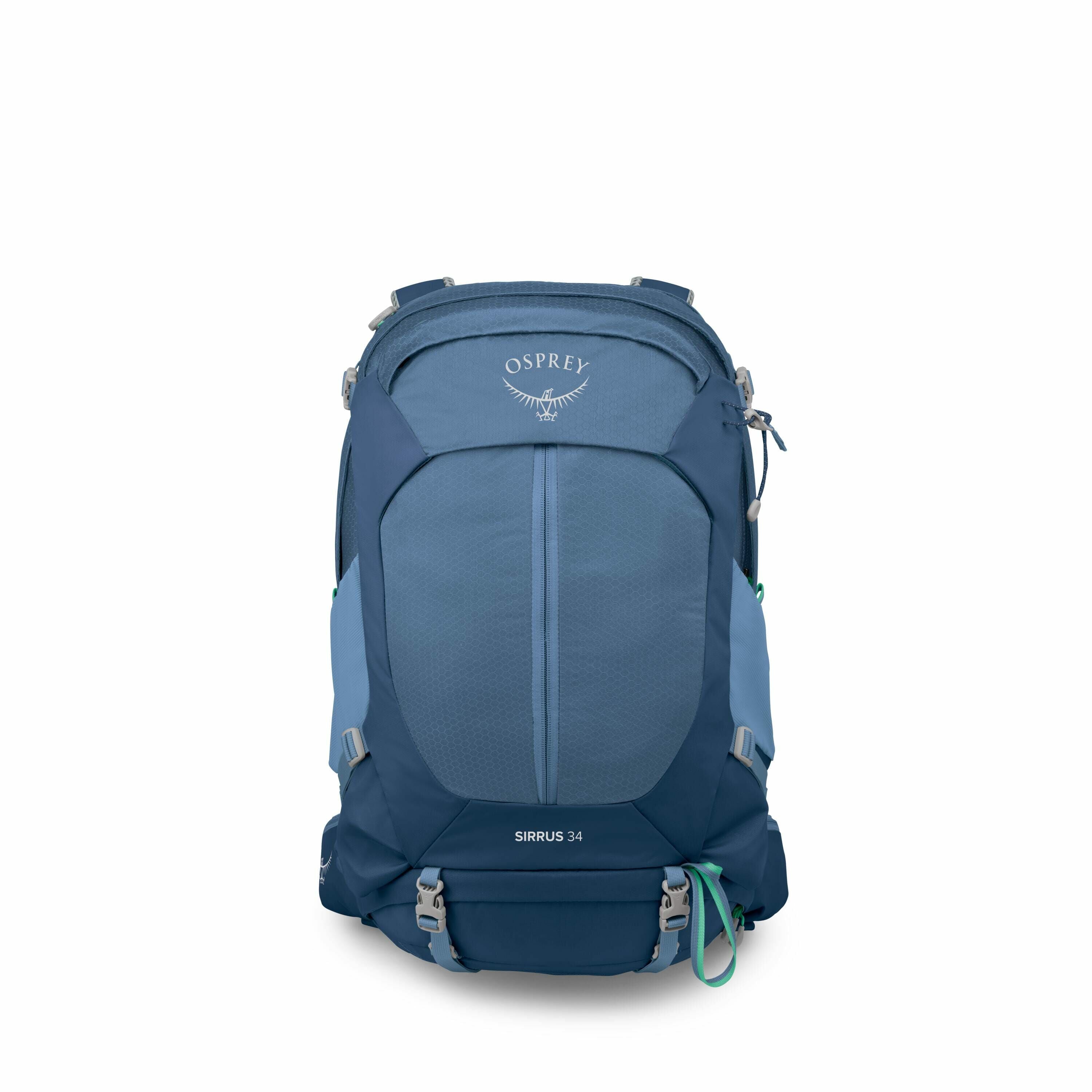 The image shows an Osprey Sirrus 34 backpack, designed for outdoor activities such as hiking. The backpack is predominantly blue with light blue accents and features the Osprey logo prominently on the upper part. It has a large main compartment with small