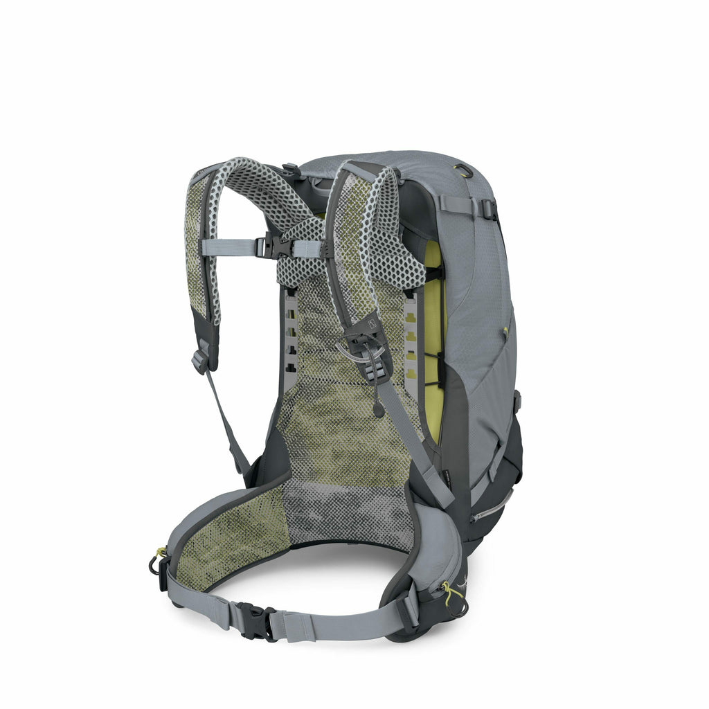 The image shows a detailed view of a grey and green hiking backpack from the back. The backpack is designed with padded shoulder straps, a hip belt, and a mesh back panel for enhanced ventilation. It features a robust harness system with multiple adjustme