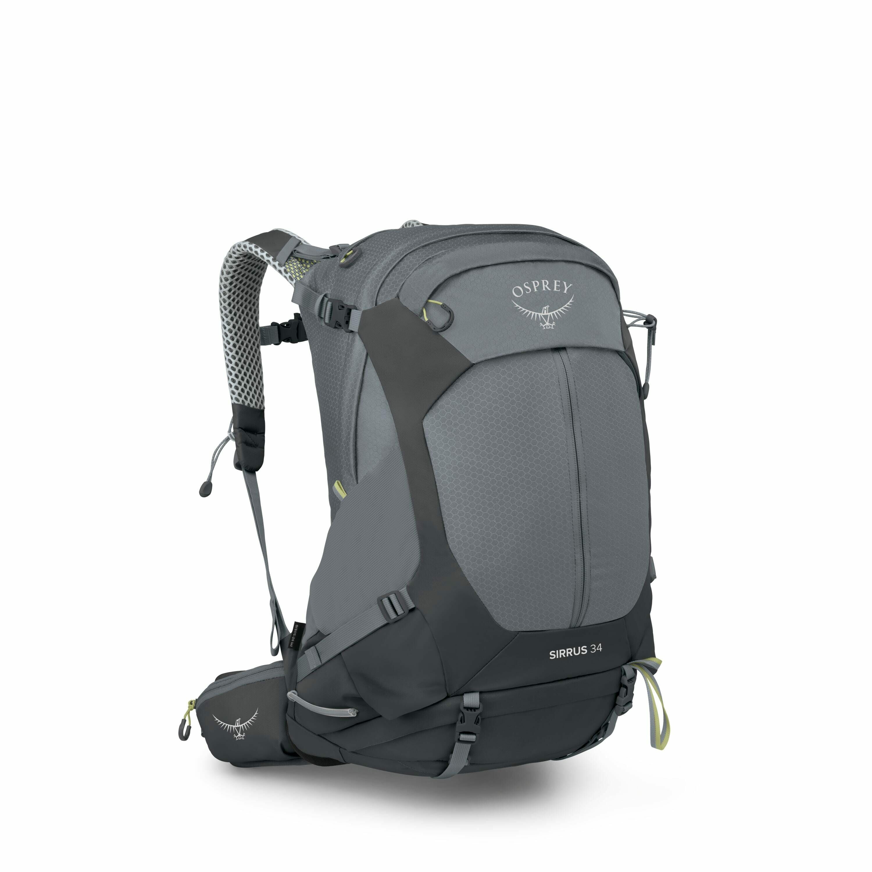 The image depicts a high-quality backpack designed for hiking, known as the Osprey Sirrus 34. It is predominantly gray with accents of black and green, featuring multiple compartments and adjustable straps for comfortable wear. The backpack includes a mes