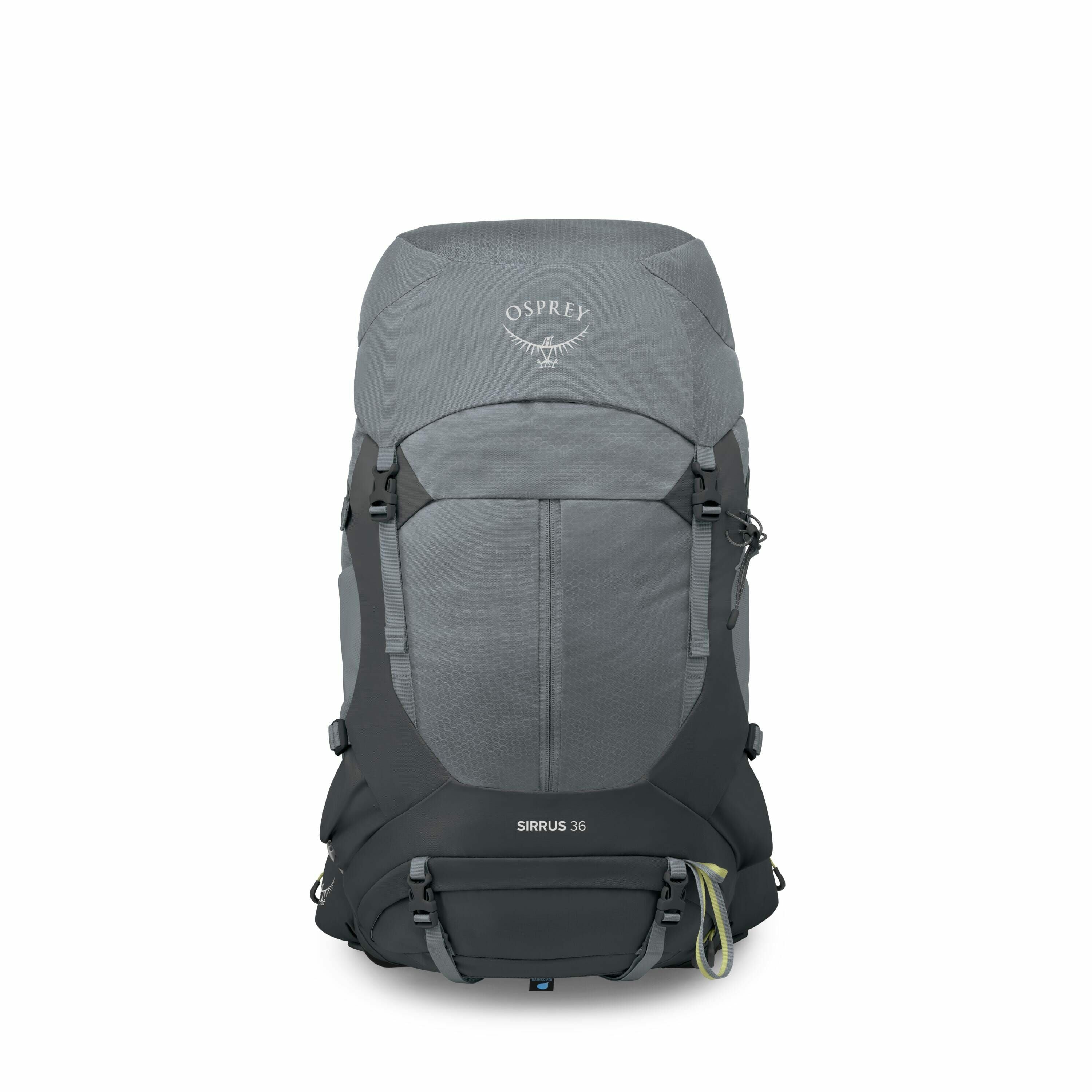 The image displays an Osprey backpack in a muted greyish-blue color. The backpack has the Osprey logo prominently visible on the upper portion, featuring the brand name in white with a stylized bird emblem beneath it. The front panel includes the model na
