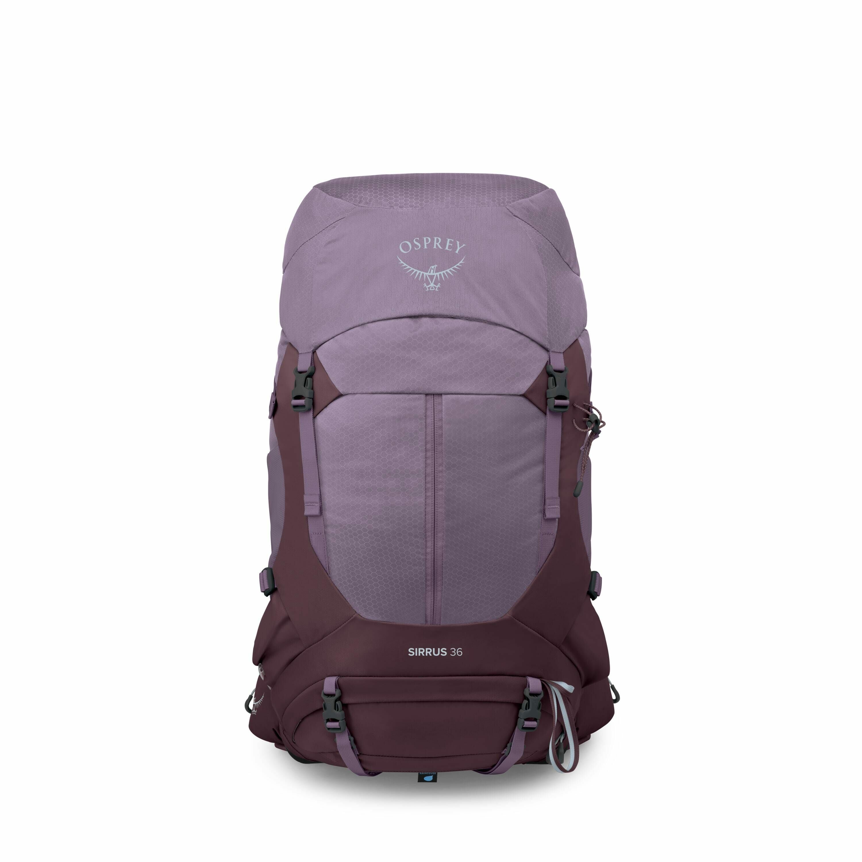 The image showcases an Osprey Sirrus 36 backpack in a purplish hue. The backpack is designed for hiking or outdoor activities, featuring multiple straps and compartments for organized storage. The Osprey logo is visible at the top of the backpack, along w