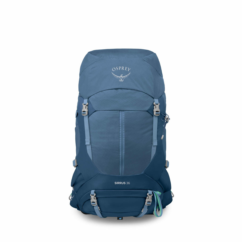The image features a blue Osprey Sirrus 36 backpack, designed for hiking or outdoor activities. The backpack has a sleek, structured appearance with multiple straps and buckles for securing contents and attaching gear. The top of the pack displays the Osp