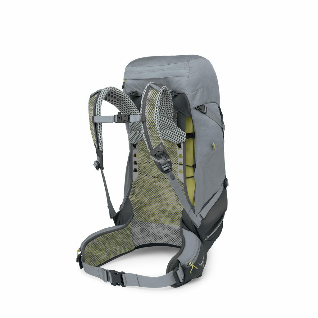 The image displays a technical hiking backpack shown from the back, emphasizing its ergonomic and functional design. The backpack is predominantly grey with some green accents, featuring a mesh back panel that provides breathability and comfort. Adjustabl
