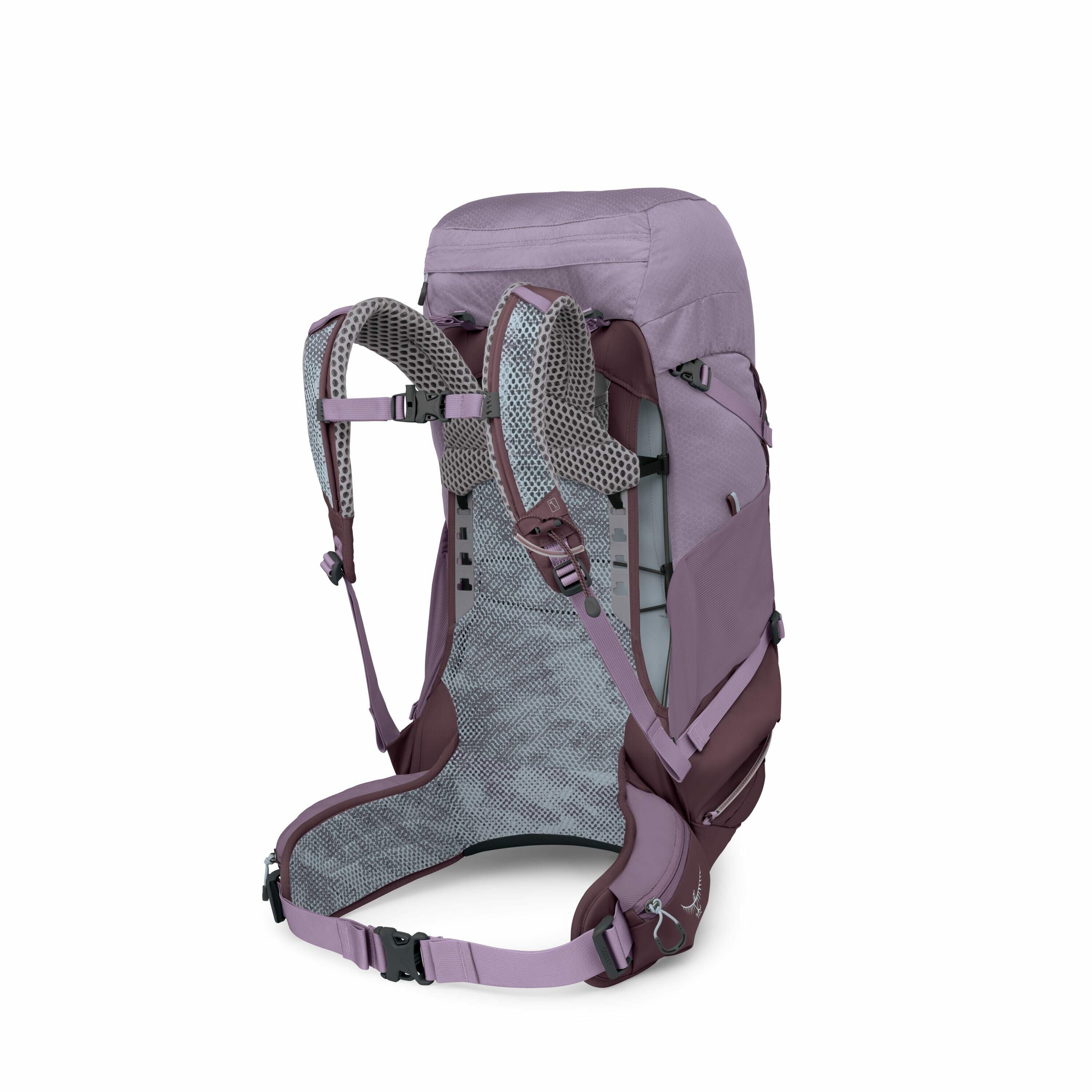 The image showcases a hiking backpack designed by Osprey, viewed from a rear angle, highlighting its suspension system. The backpack is primarily lavender in color with contrasting purple accents, featuring padded shoulder straps, a hip belt, and a ventil