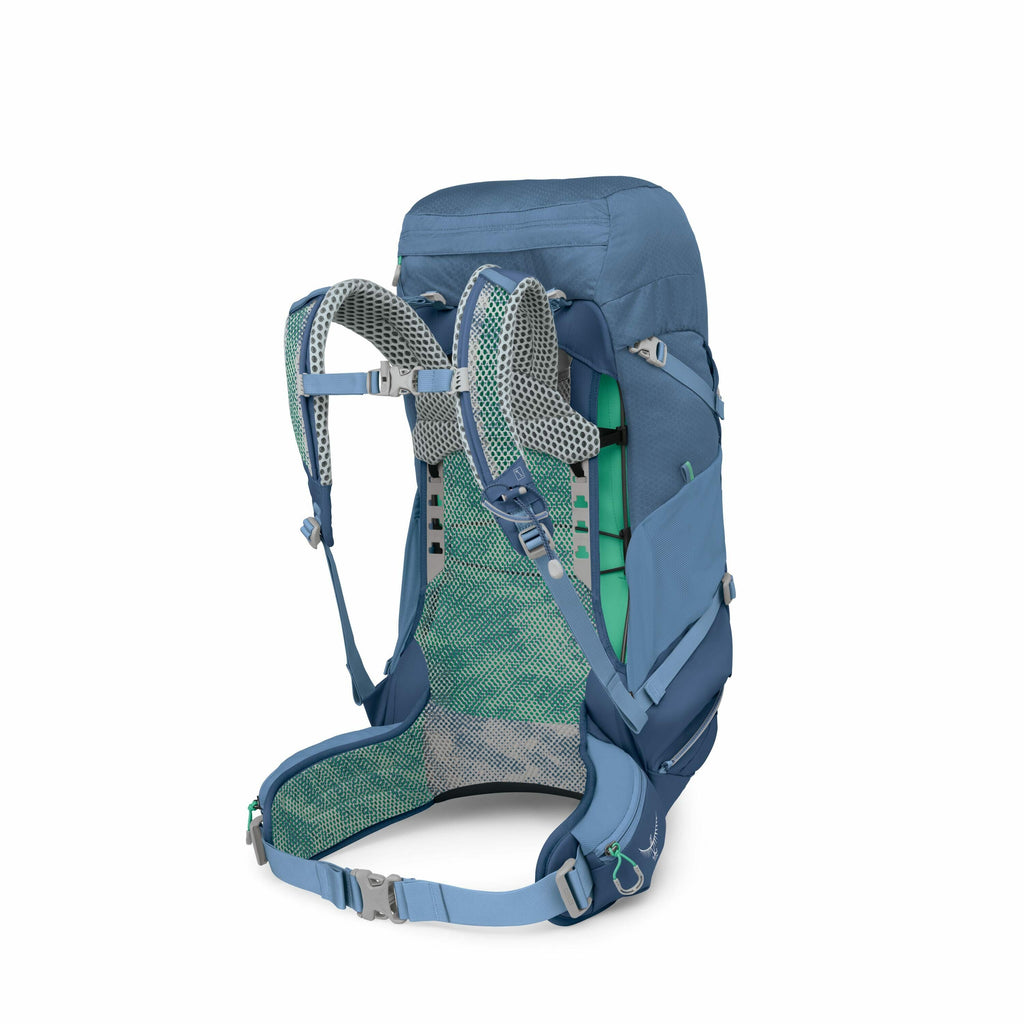 The image features a blue and green backpack designed for hiking or outdoor use, shown from various angles. The backpack is equipped with multiple adjustable straps, buckles, and a mesh back panel for ventilation and support. The blue fabric has a smooth