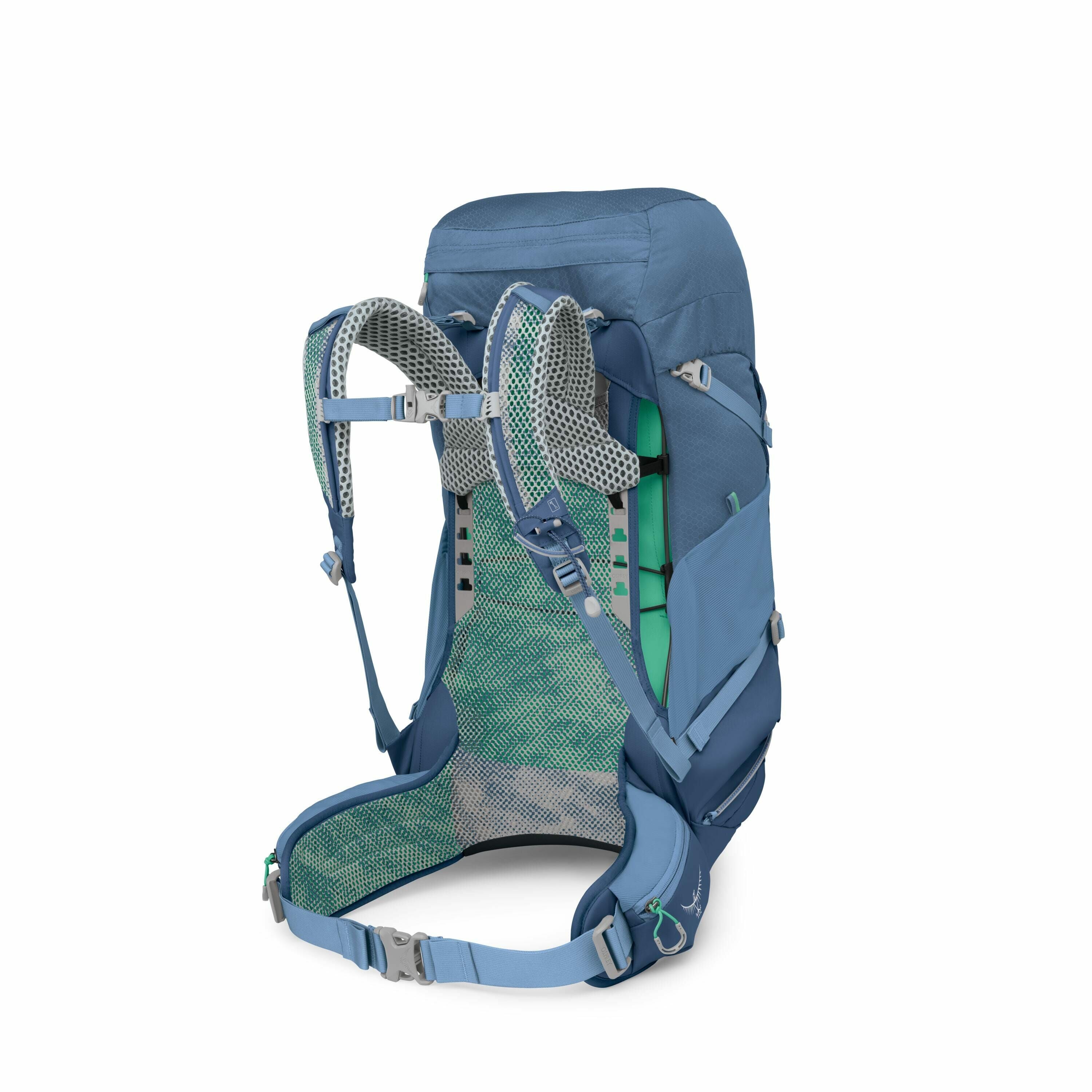 The image features a blue and green backpack designed for hiking or outdoor use, shown from various angles. The backpack is equipped with multiple adjustable straps, buckles, and a mesh back panel for ventilation and support. The blue fabric has a smooth