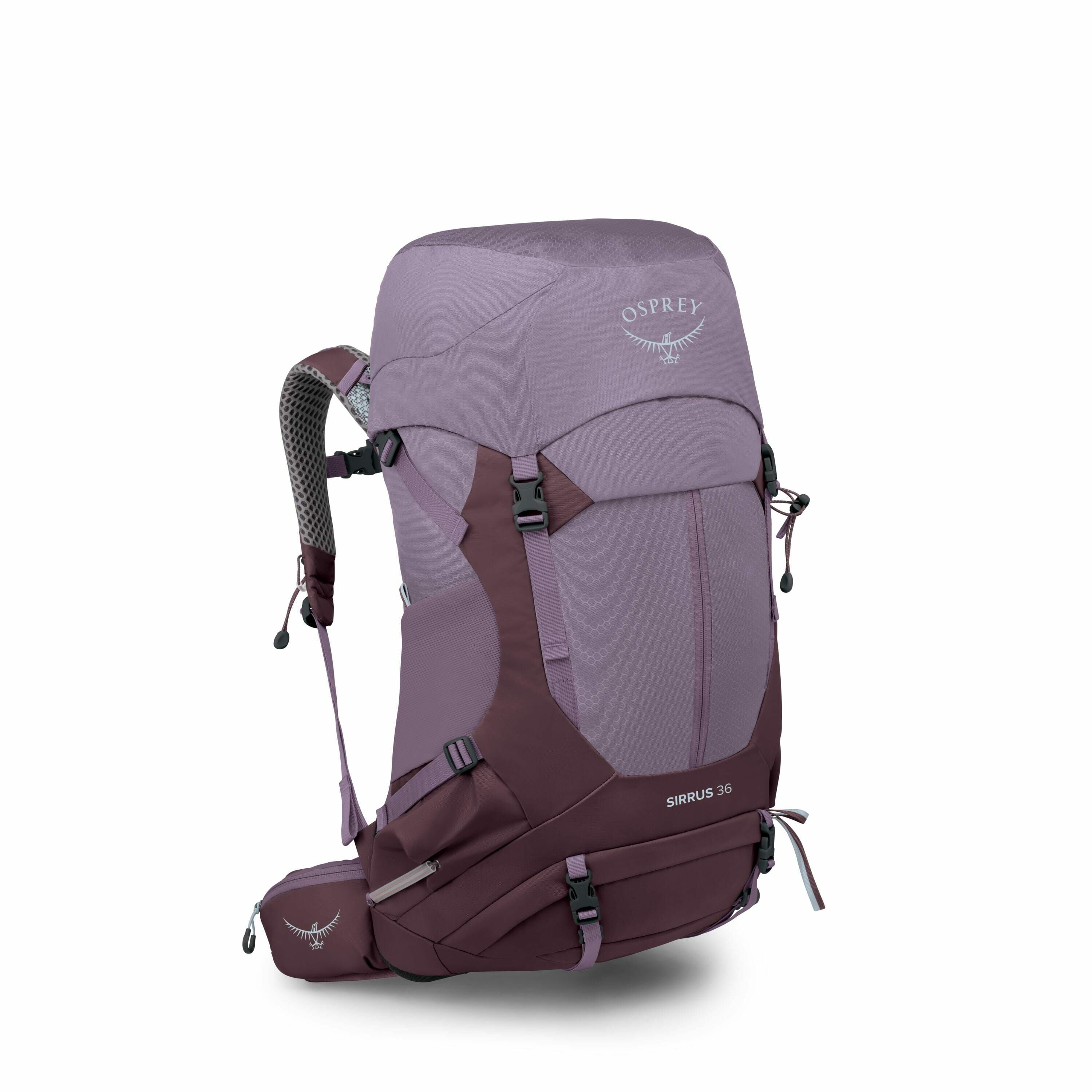 The image displays an Osprey Sirrus 36 hiking backpack in a purple color scheme with darker purple accents. The backpack features multiple compartments, adjustable straps, and padding for comfort during hikes. The Osprey logo, an emblem of a bird with out