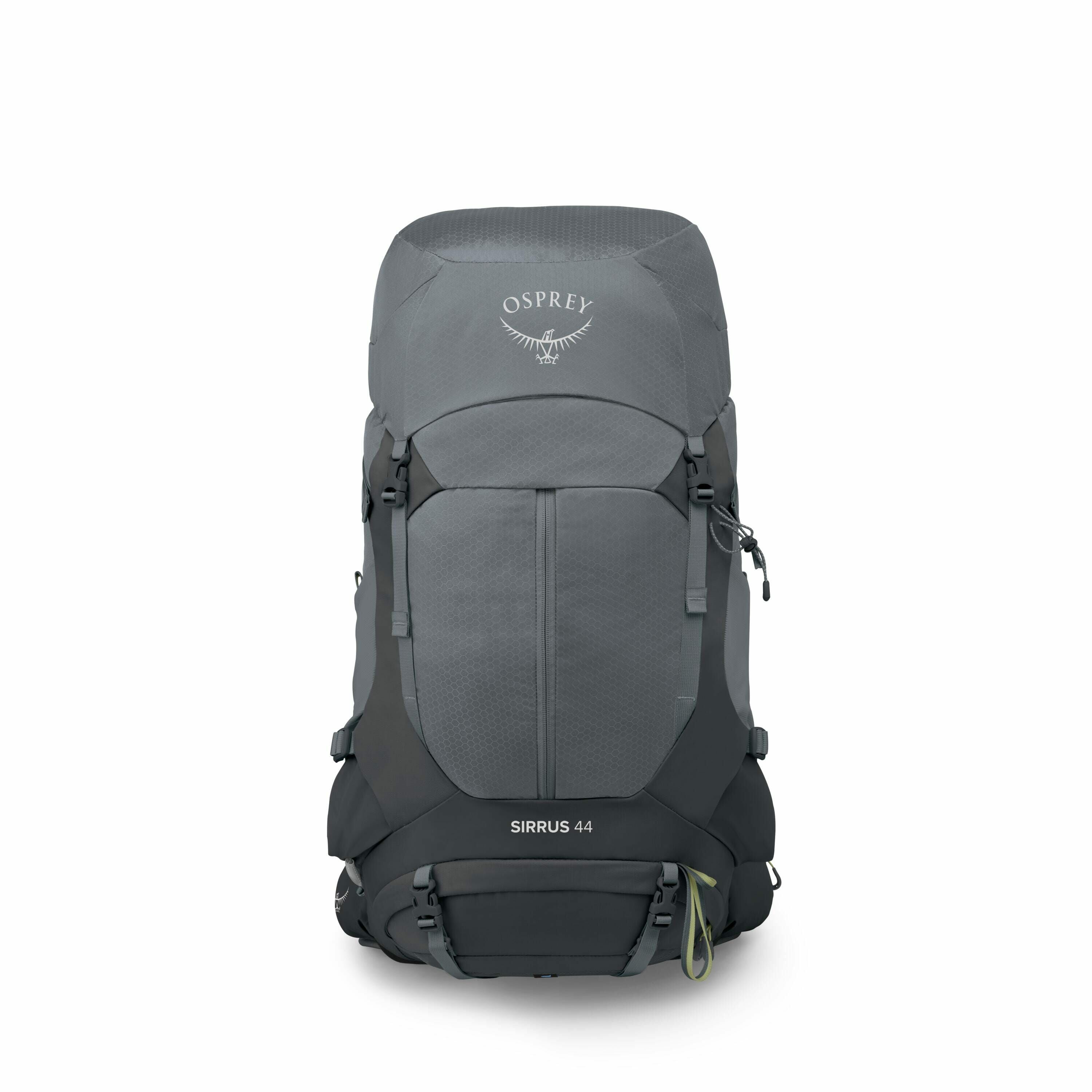 The image displays a grey backpack designed by Osprey, specifically the model Sirrus 44. It has a sleek and structured appearance, with various straps and compartments visible on the front, which indicate its functional and versatile design. The brand nam