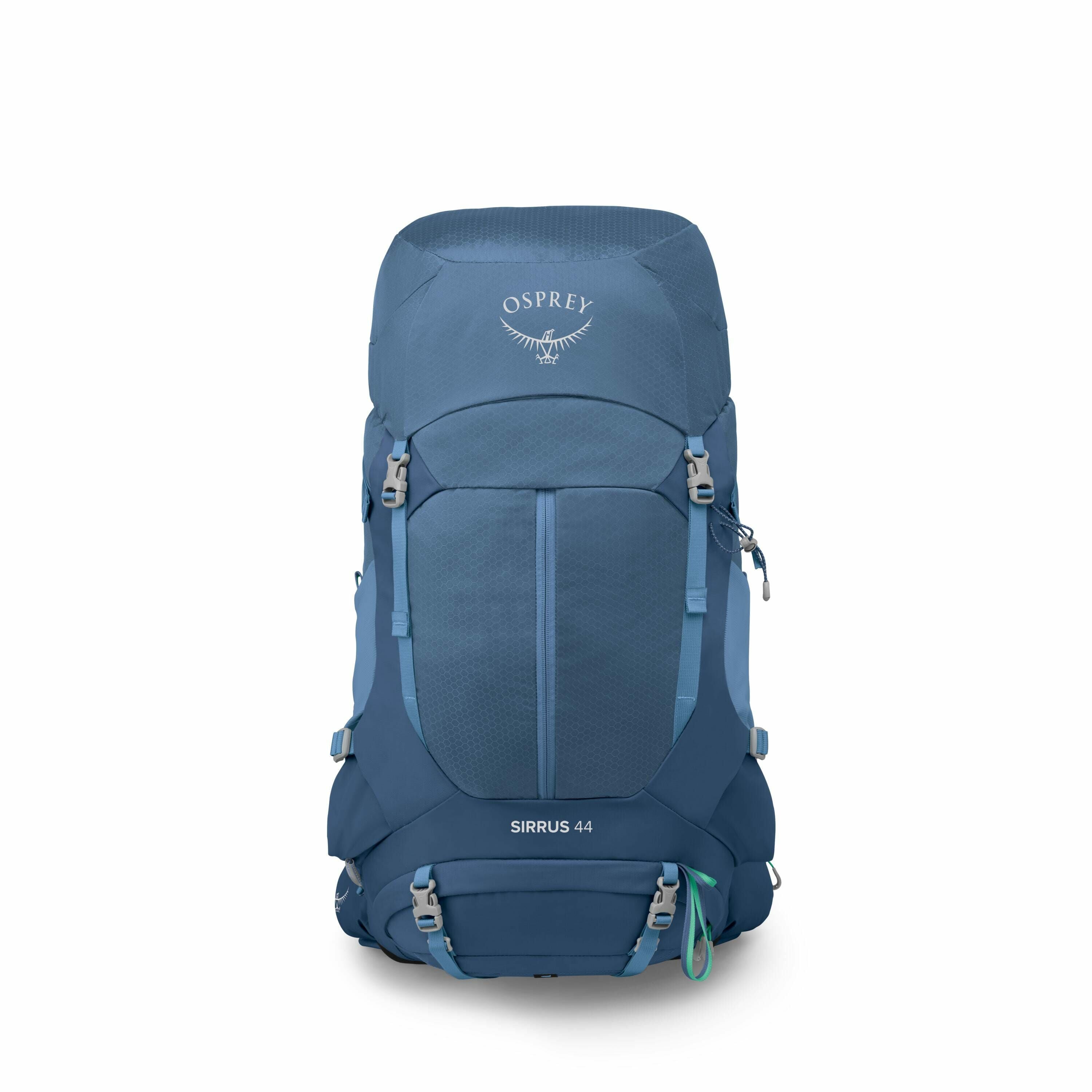 The image showcases an Osprey Sirrus 44 backpack in a blue color. This hiking and outdoor backpack is designed with multiple compartments and straps, visible from the front view, indicating its functionality for carrying various items securely. The Osprey