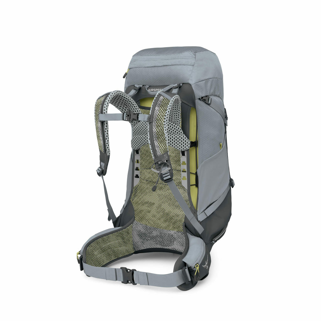 The image features a hiking backpack, shown from the rear view. The backpack has a predominantly grey color with black accents and lime green interior elements. It is equipped with shoulder straps, a waist belt, and an "AIRSPEED" system for ventilation. T