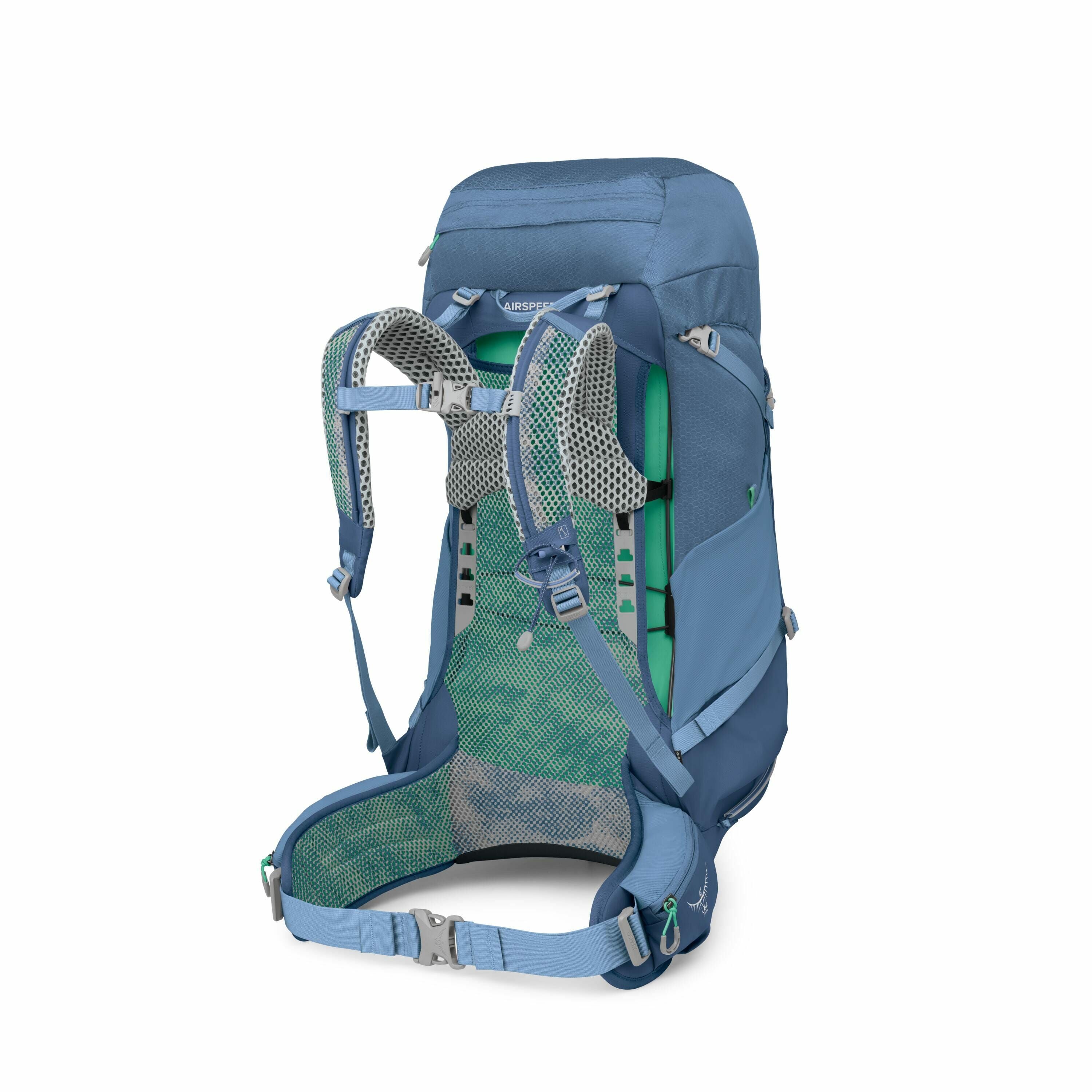The image depicts a detailed view of a blue backpack designed for hiking or outdoor activities. The backpack features an ergonomic design with a mesh back panel and green accents for enhanced breathability and comfort. It includes adjustable straps with s