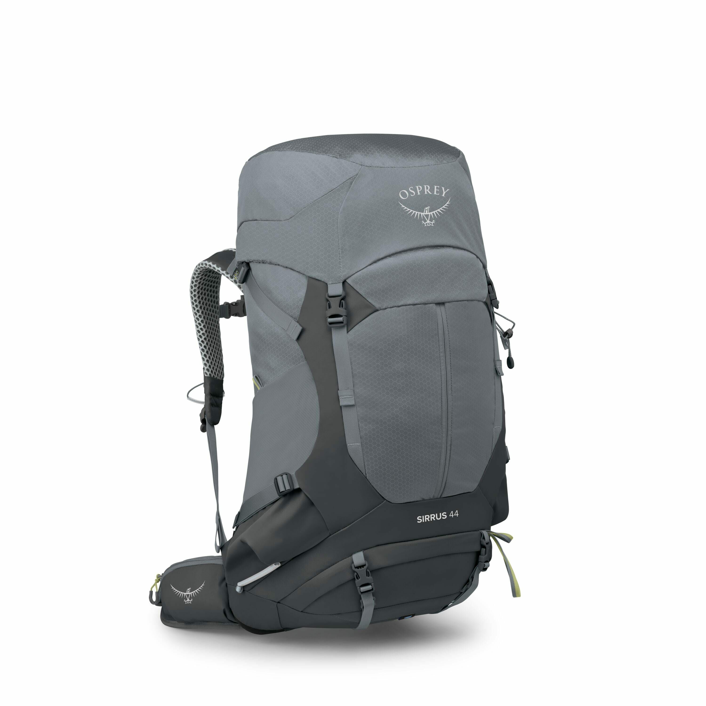 The image shows a high-quality hiking backpack made by Osprey, specifically their Sirrus 44 model. The backpack is primarily gray with a sleek design and multiple compartments, including a large main storage area, front zipper pocket, and side pockets for