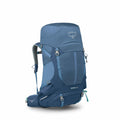 The image features a high-quality hiking backpack designed by Osprey, specifically the Sirrus 44 model. The backpack is a blend of various shades of blue, with lighter accents for additional design elements and details. It showcases the Osprey logo promin