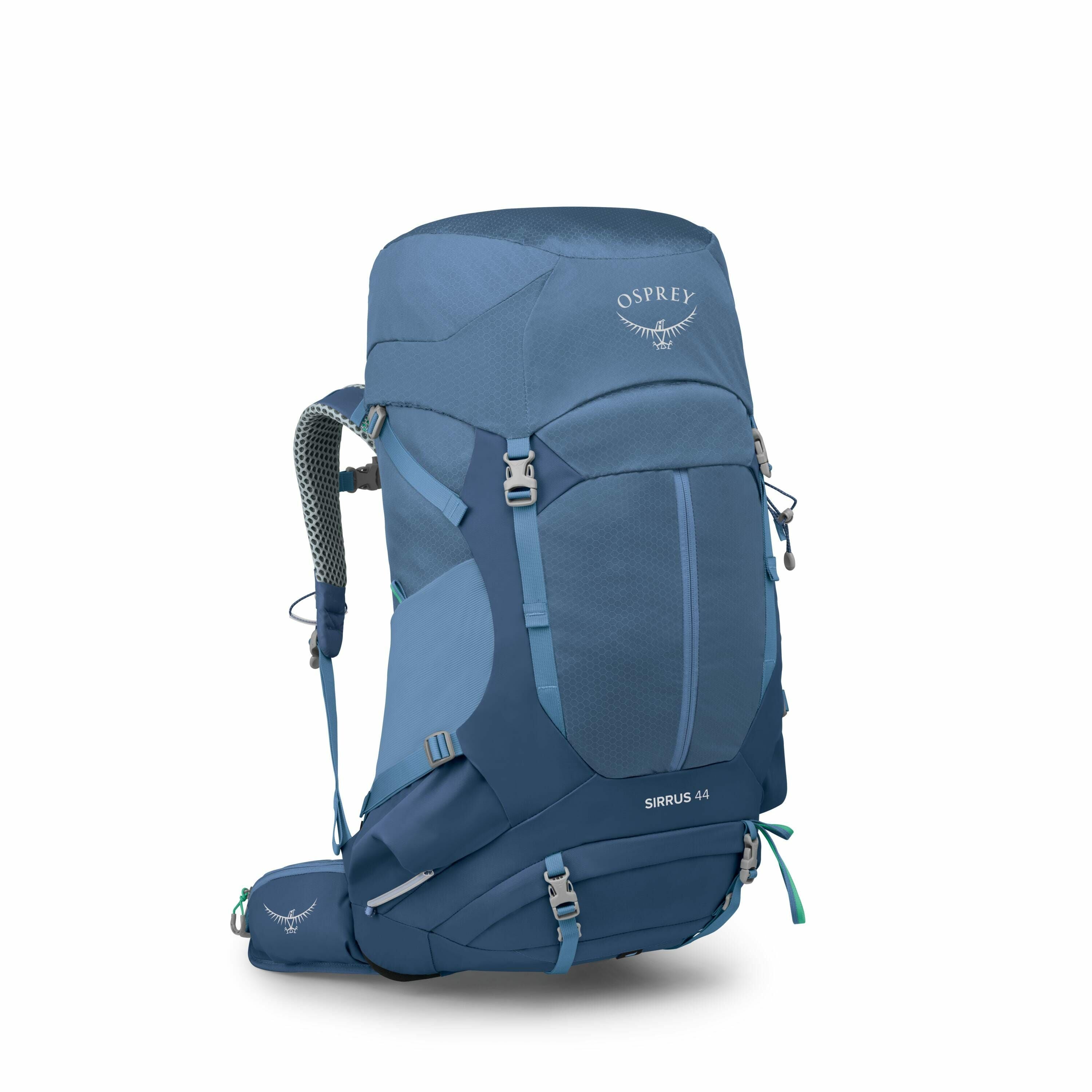 The image features a high-quality hiking backpack designed by Osprey, specifically the Sirrus 44 model. The backpack is a blend of various shades of blue, with lighter accents for additional design elements and details. It showcases the Osprey logo promin