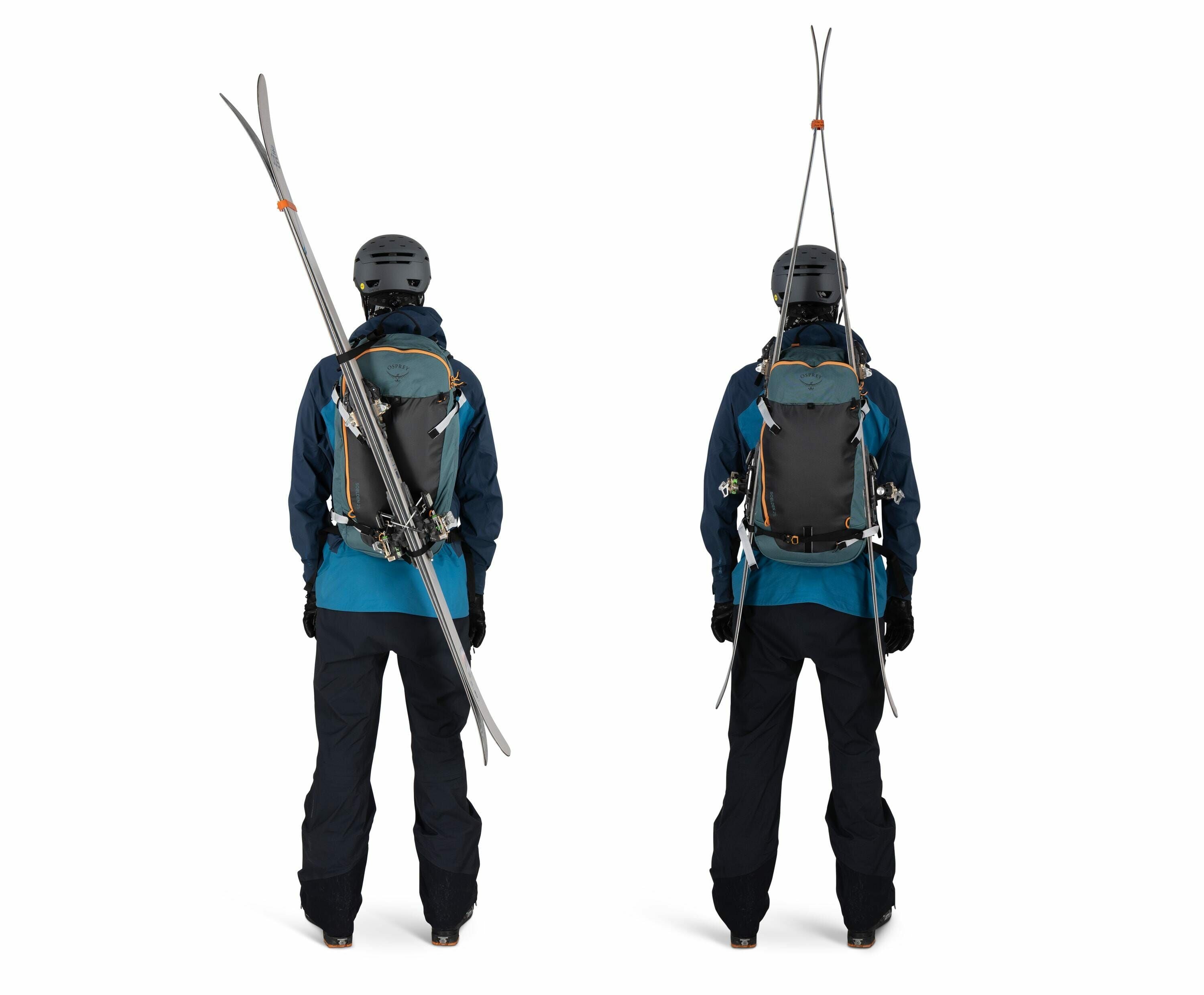 The image features two views of a person dressed in full ski gear, shown from the back. The person is wearing a blue jacket, dark pants, and a helmet, and is carrying a large backpack. In the first view, skis are attached diagonally to the side of the bac