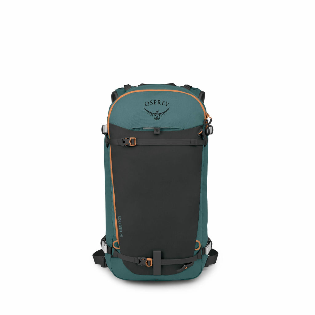The image displays a backpack from the brand Osprey, specifically their Sopris 30 model, in a blue-green color with black and orange accents. The backpack features a streamlined design with a central black panel that likely serves as a durable front compa