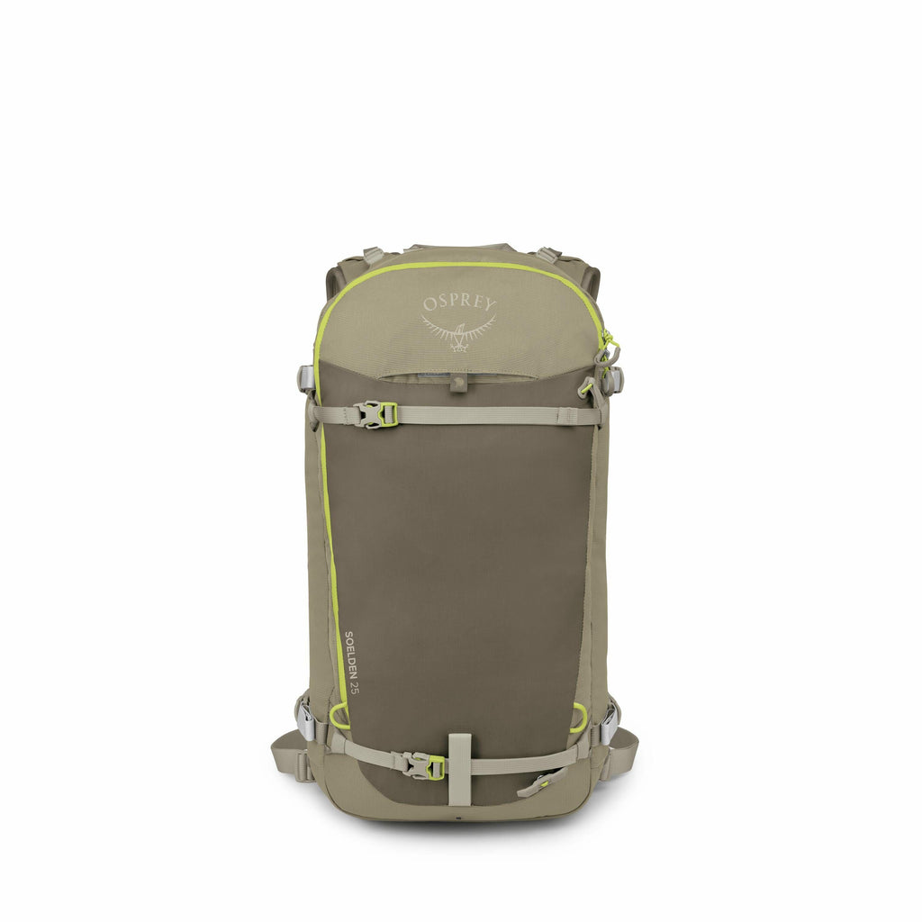 The images appear to show a backpack and its various parts in different stages of assembly or disassembly. The main backpack is tan with bright yellow-green accents and features the Osprey logo at the top. The subsequent images progressively break down th