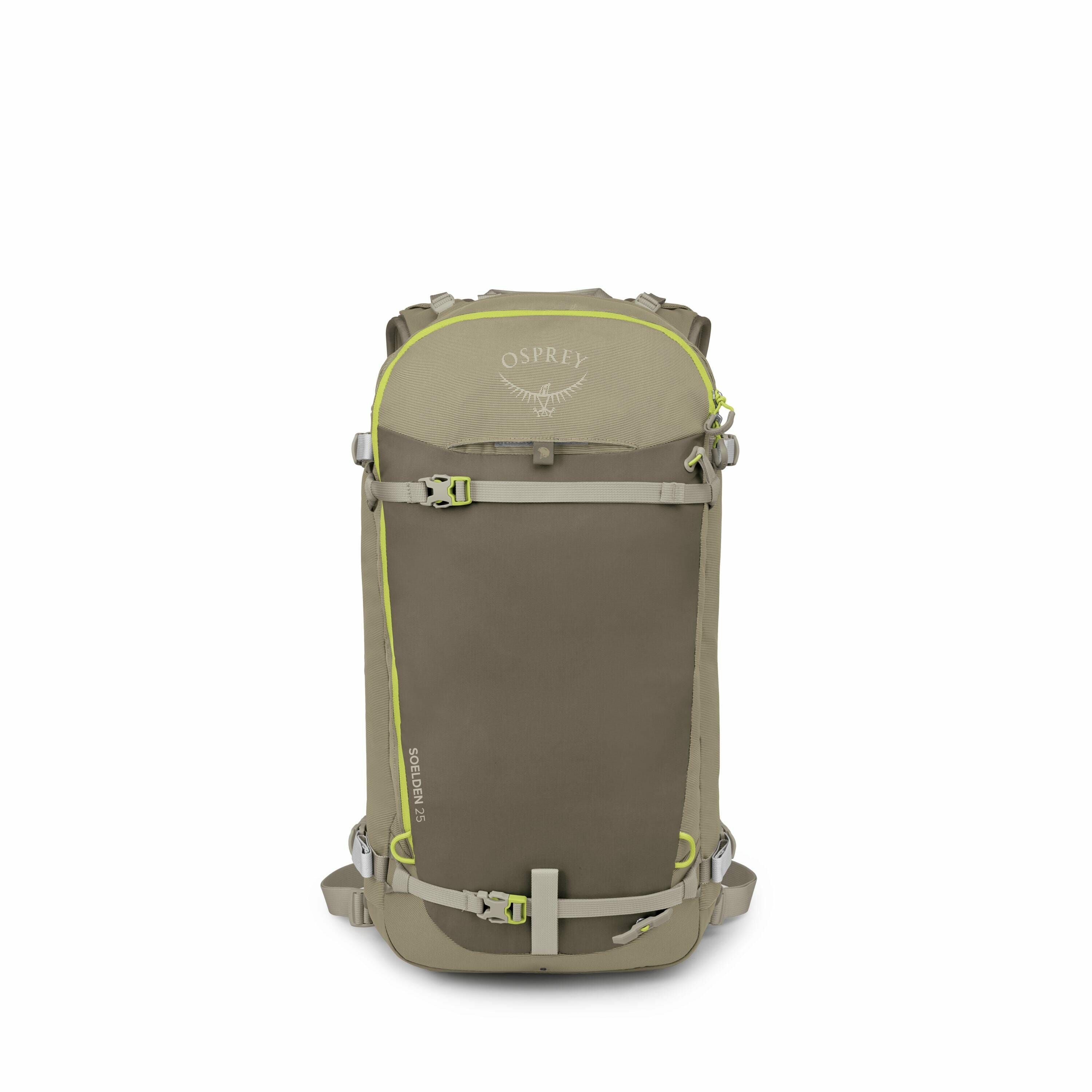 The images appear to show a backpack and its various parts in different stages of assembly or disassembly. The main backpack is tan with bright yellow-green accents and features the Osprey logo at the top. The subsequent images progressively break down th
