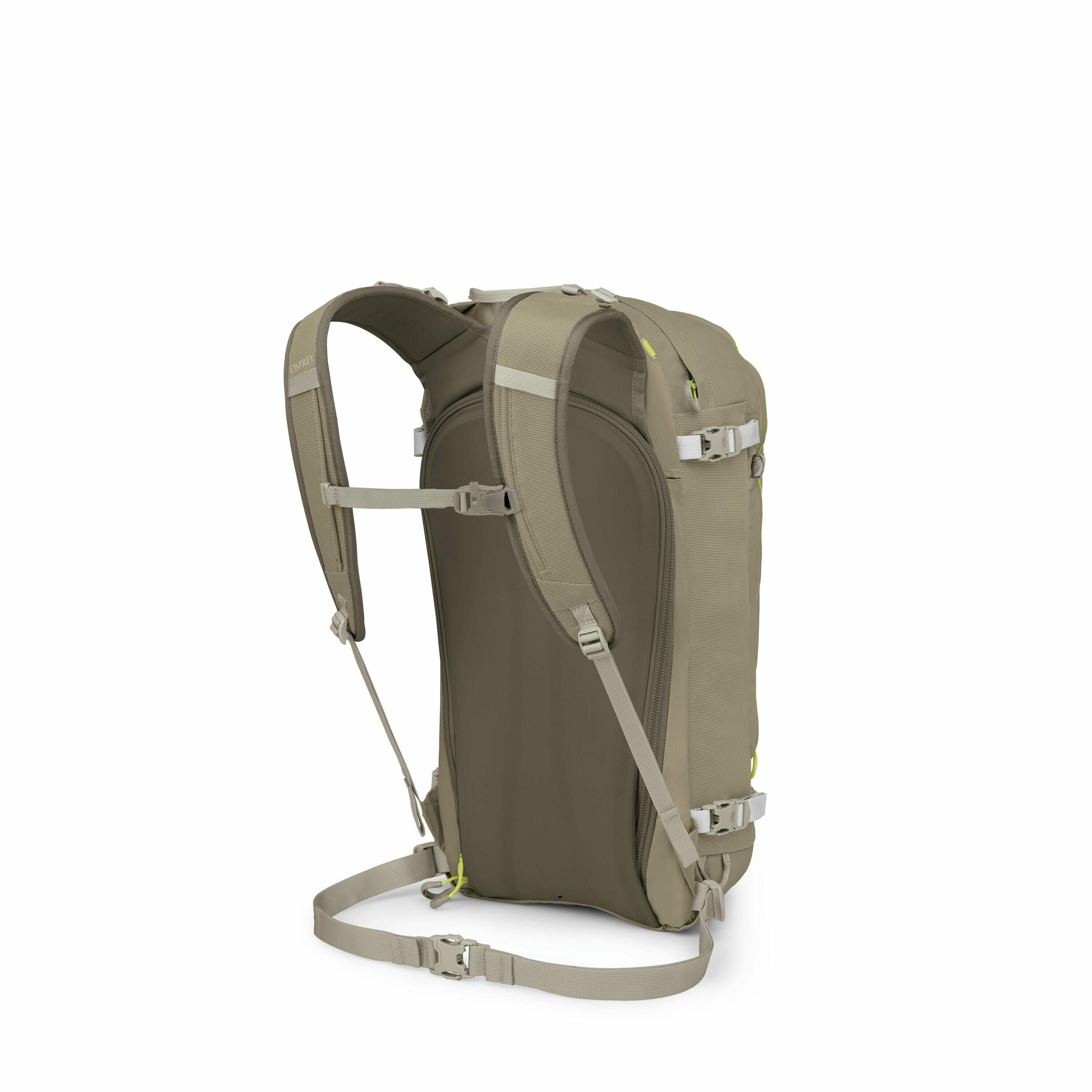 The series of images show a backpack from various stages of disassembly, starting from an intact view to individual components. Initially, the backpack is fully assembled with padded shoulder straps, a sternum strap, and a hip belt, all in a neutral brown