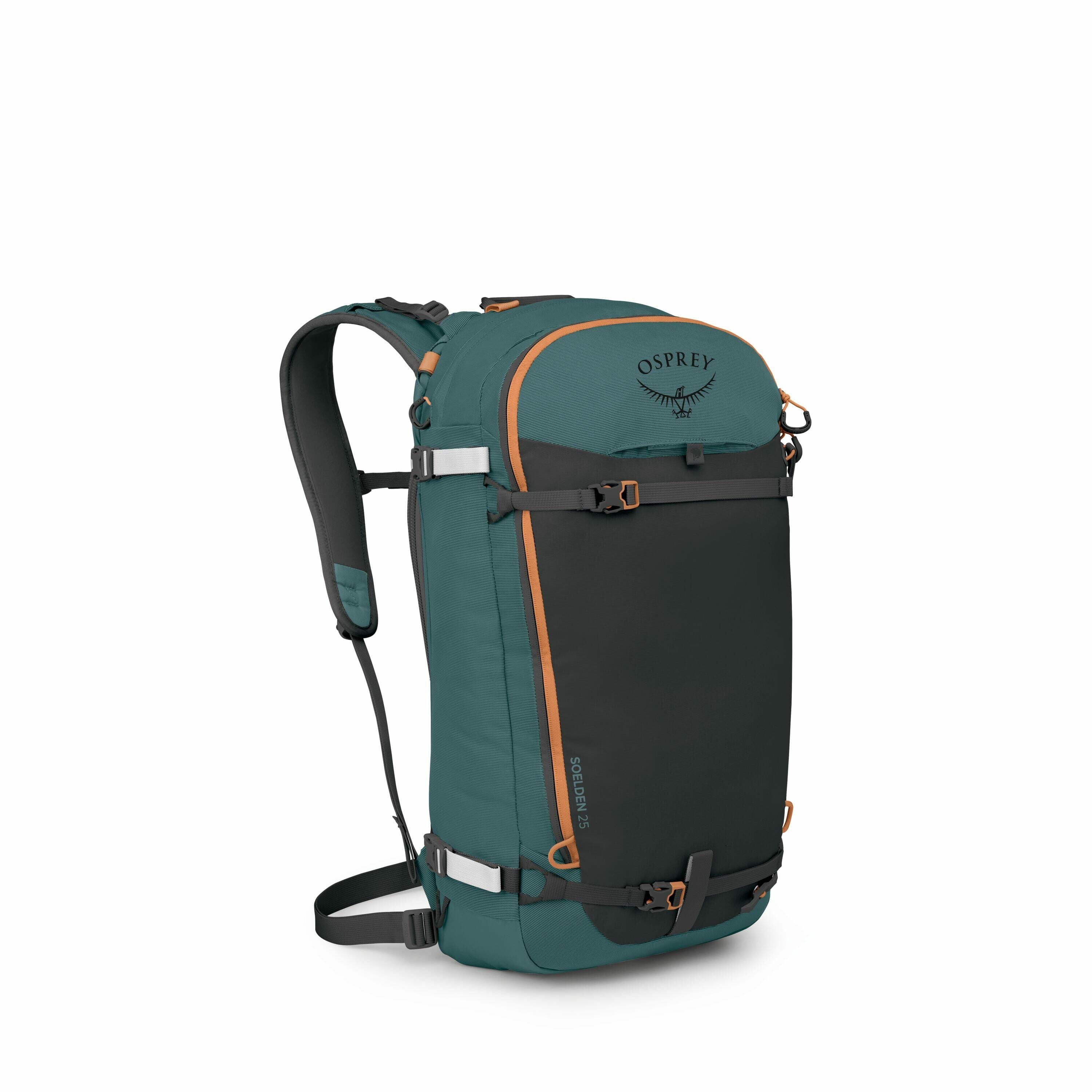 The images depict an Osprey Kamber 22 backpack in different angles and states of assembly. This particular backpack is designed for outdoor activities, featuring a streamlined shape with a prominent black front panel and teal sides, accented with orange d