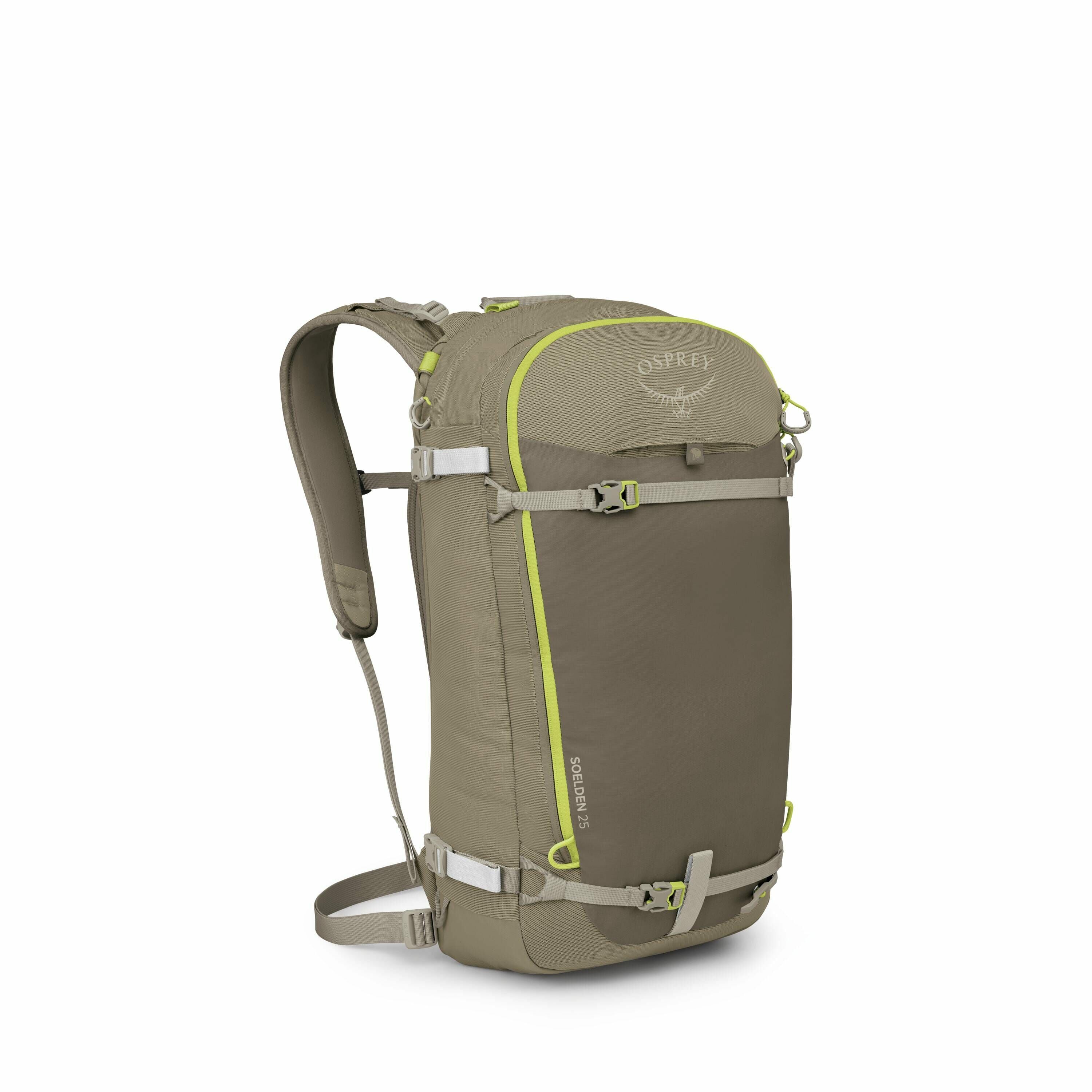 The image set shows a detailed view of an Osprey branded backpack, specifically designed for outdoor or adventure use. The backpack is a muted olive green color with some light neon green accents, particularly visible along the zippers and branding. It fe