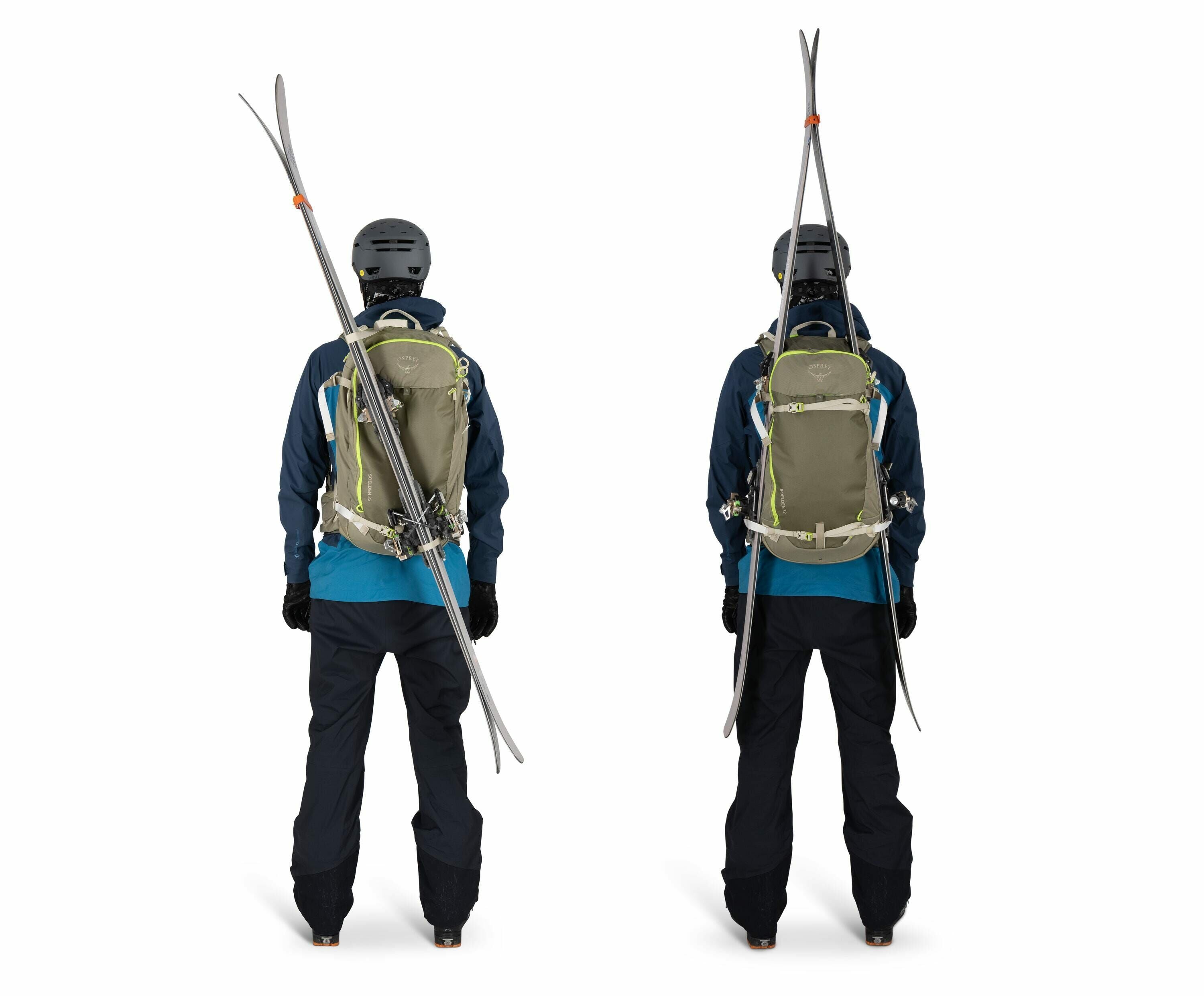 The image shows two views of a person from the back, each demonstrating a different way to carry skis using a backpack. The individual is dressed in skiing gear, including a helmet, gloves, a blue jacket, and black pants, and is wearing brown boots. In th