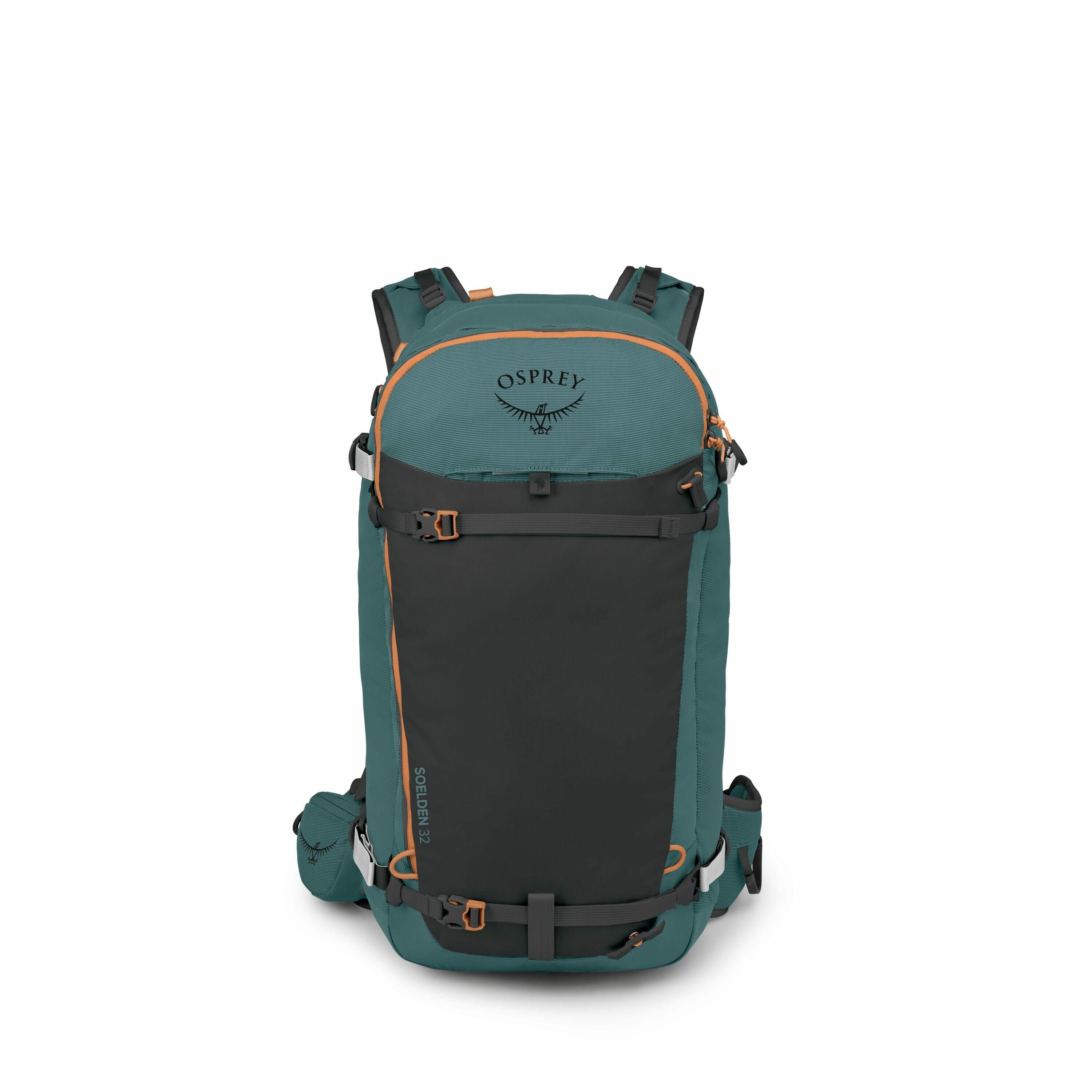 The image shows a teal and black backpack designed for outdoor activities, likely made by Osprey, as indicated by the logo on the top. The backpack features multiple compartments and attachment points for securing gear. There are orange accents around the