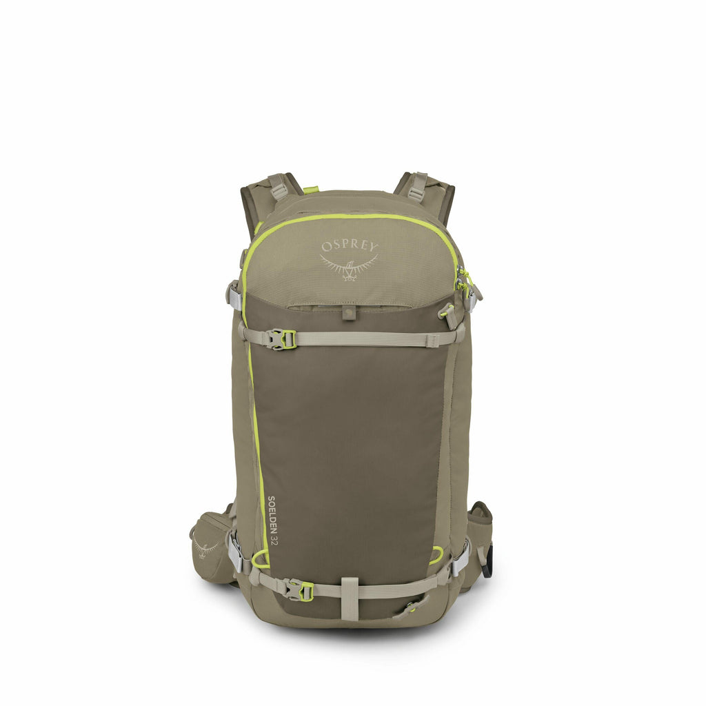 The images show a khaki-colored Osprey backpack with neon green accents and multiple compartments. The backpack is designed for outdoor activities, featuring sturdy shoulder straps, a chest strap, and a waist belt for support and comfort. The main compart