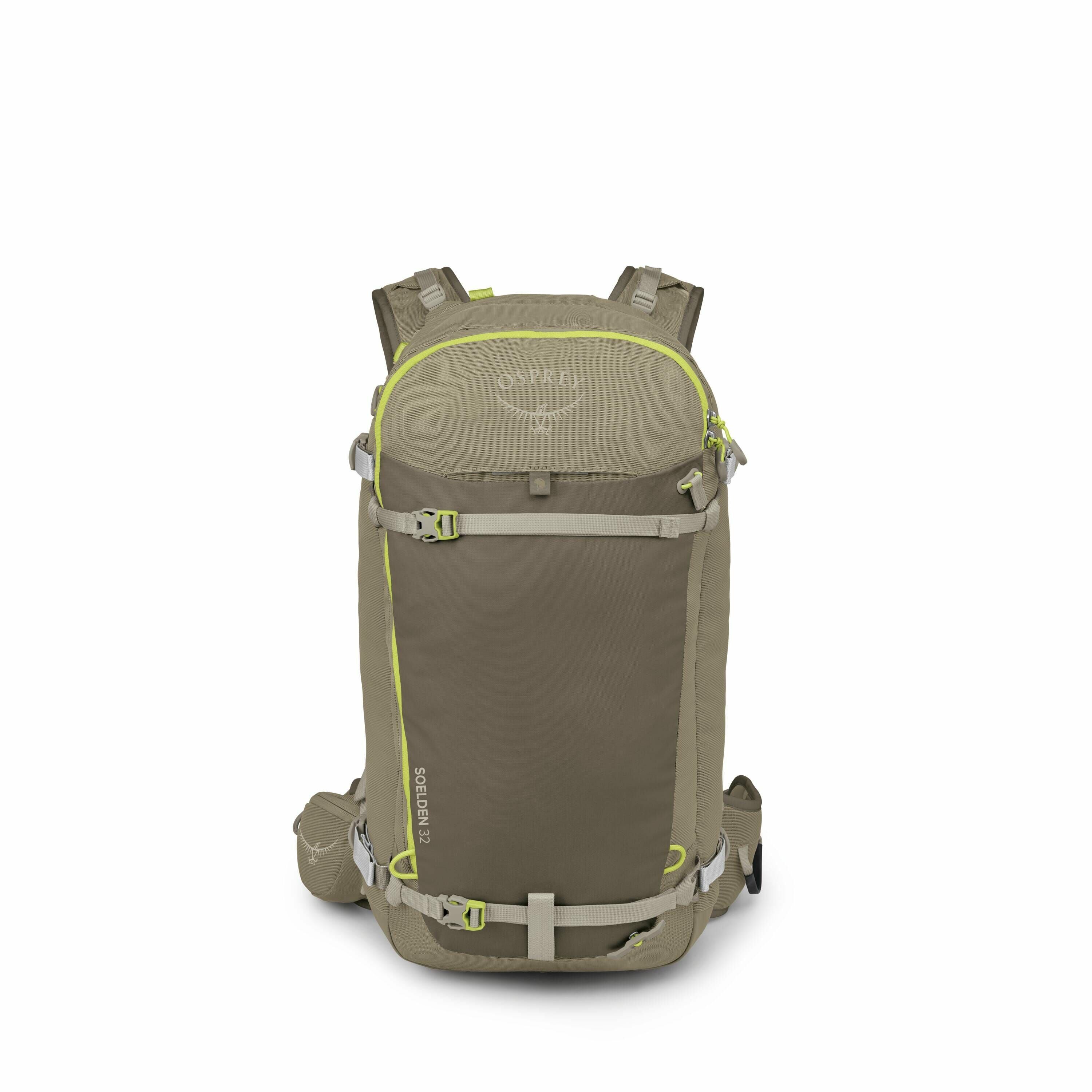 The images show a khaki-colored Osprey backpack with neon green accents and multiple compartments. The backpack is designed for outdoor activities, featuring sturdy shoulder straps, a chest strap, and a waist belt for support and comfort. The main compart