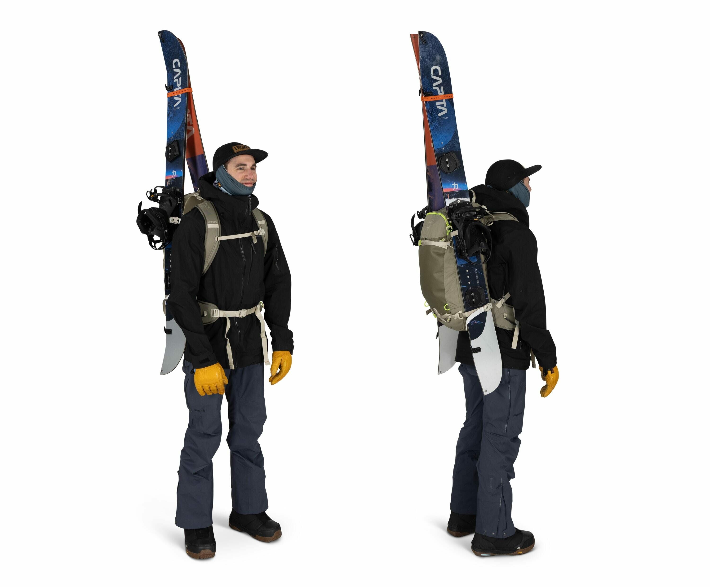 The image shows a person dressed in winter gear, prepared for a skiing or snowboarding adventure. The person is wearing a black jacket and blue pants, along with orange gloves and black boots. They have a grey backpack with ski equipment attached to it, i