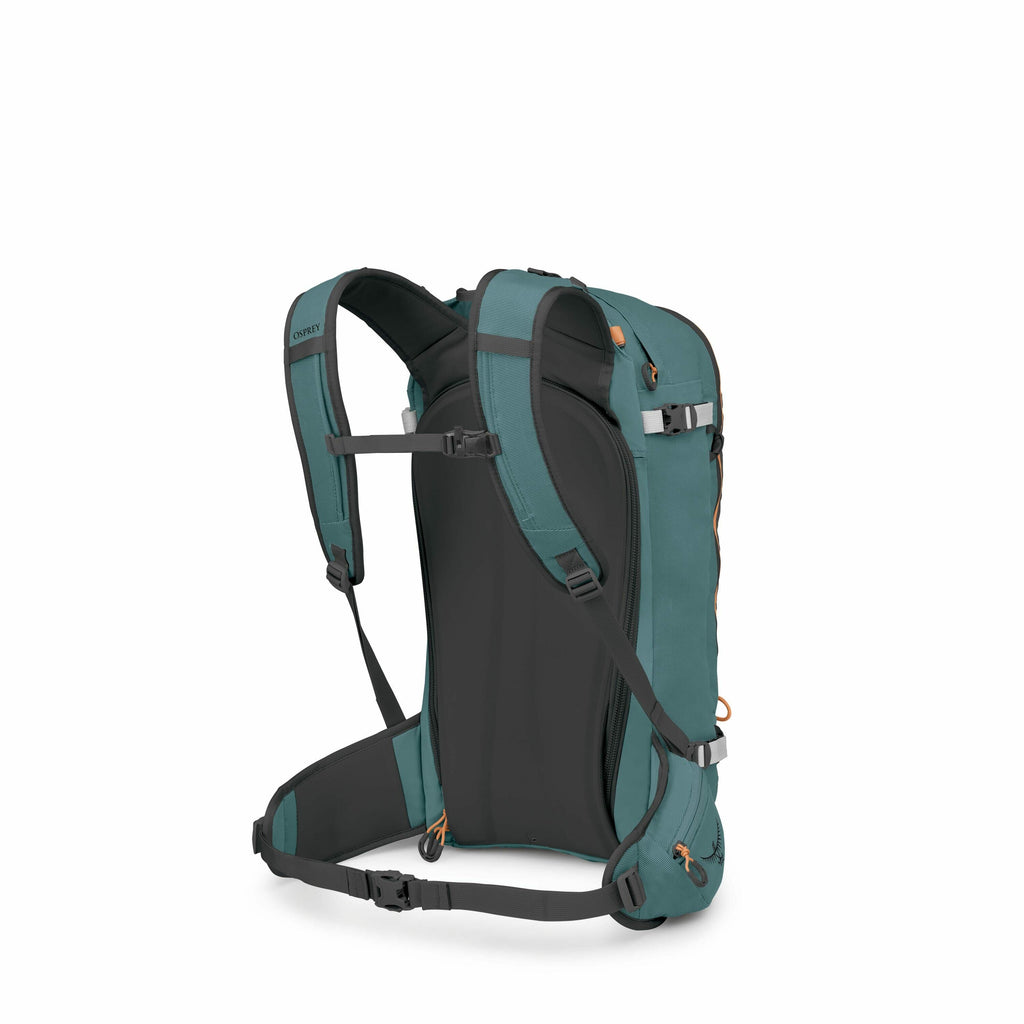 The image shows a teal backpack designed for outdoor or hiking use, with ergonomic features. It includes padded shoulder straps, a supportive back panel, and a waist strap for added stability. The backpack has multiple attachment points and buckles, likel
