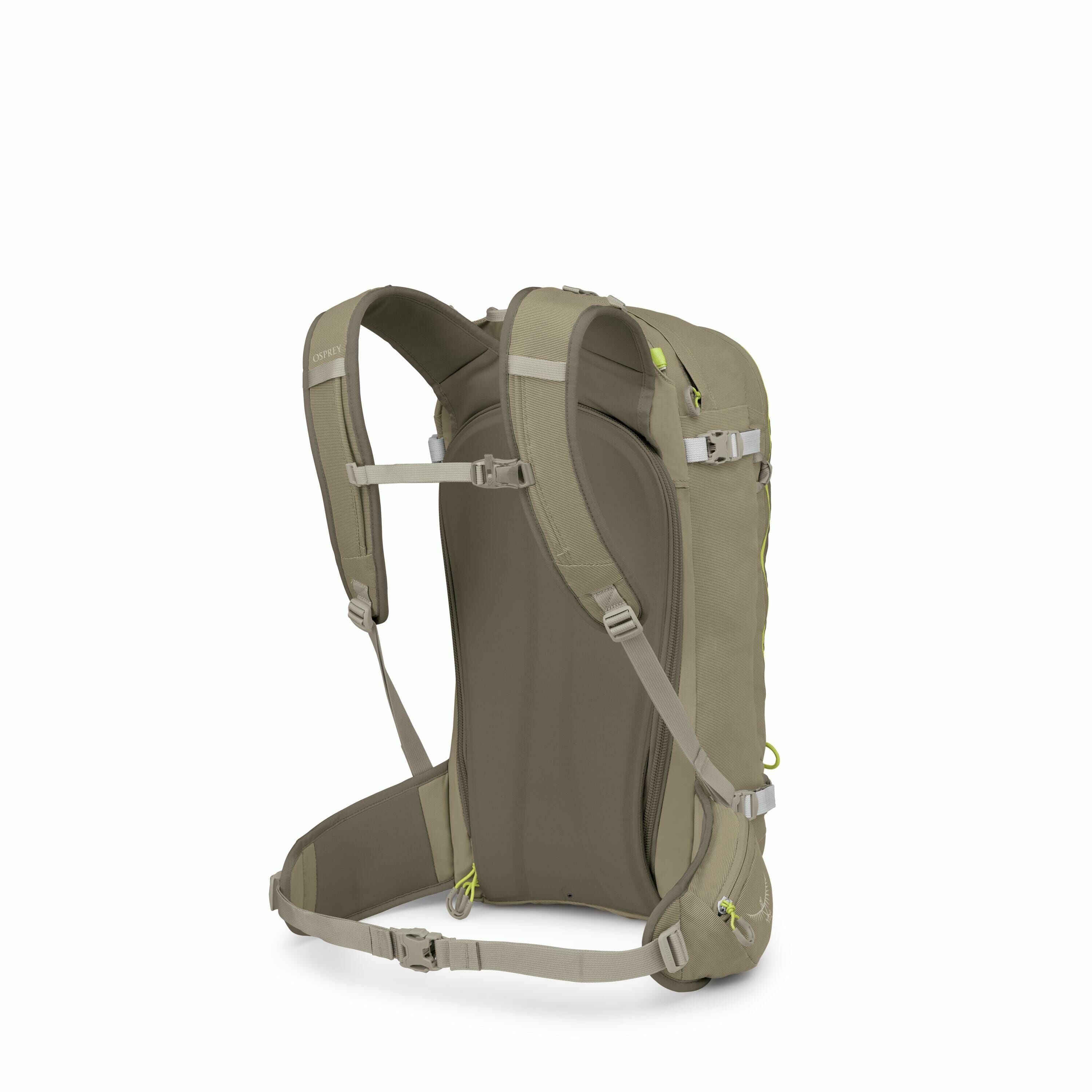 The image depicts a backpack, shown from the perspective where its back and straps are clearly visible. The backpack is primarily grayish-taupe in color, featuring several adjustable straps and buckles for comfort and secure fastening. Notably, there are