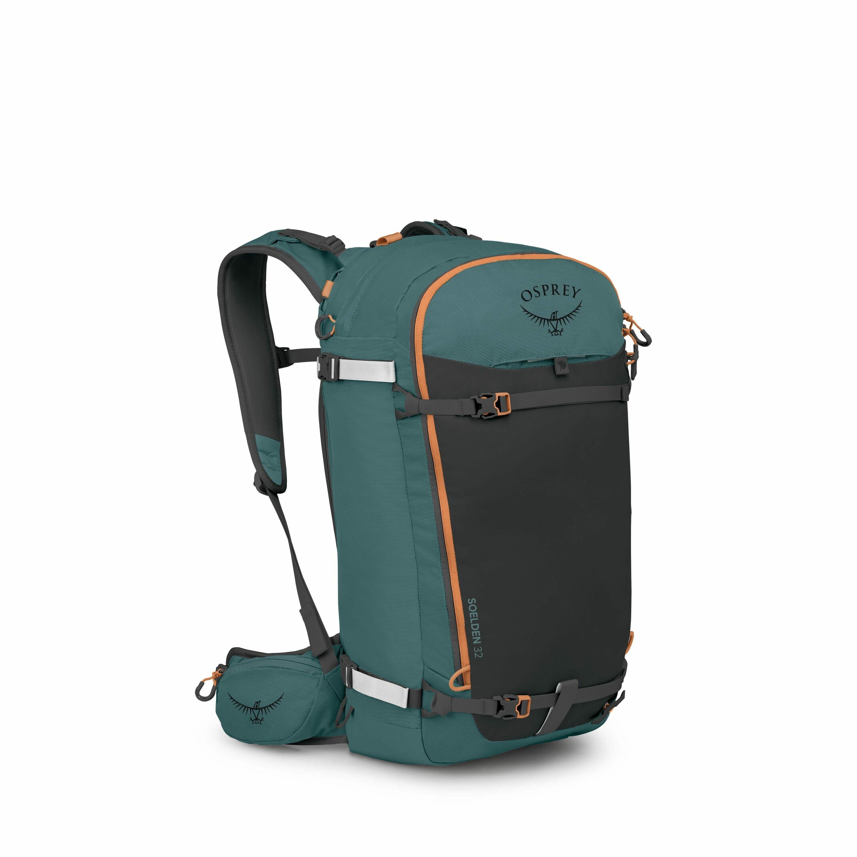 The image features a dark teal backpack from the brand Osprey. It has a rectangular shape with rounded edges and a black front panel, which is accented by orange trim and details. The backpack is equipped with adjustable shoulder straps, several compartme