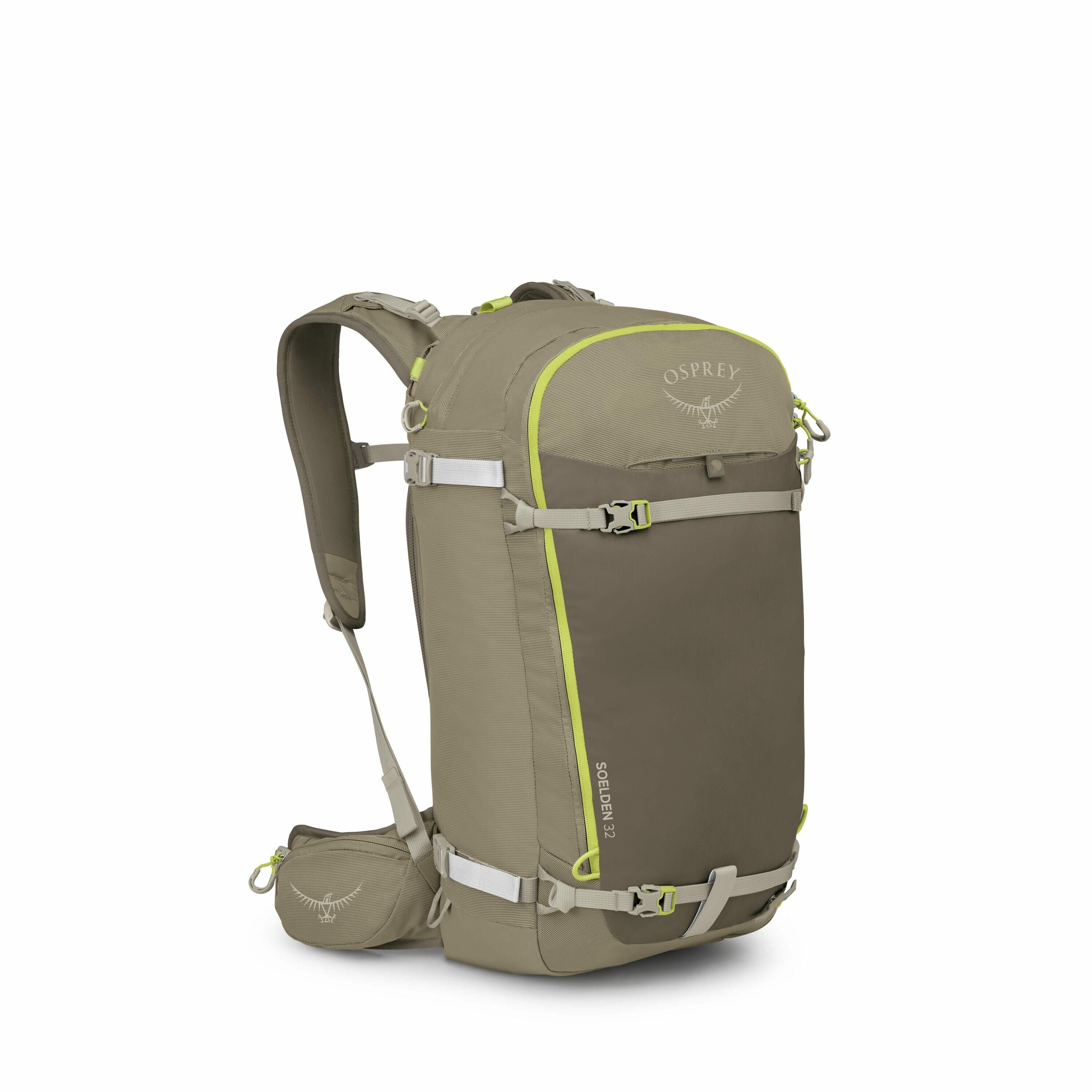 The images depict a tan-colored Osprey backpack, designed for outdoor activities such as hiking or climbing. It features several functional elements, including a main compartment, side pockets, and adjustable straps for comfort and load management. The ba