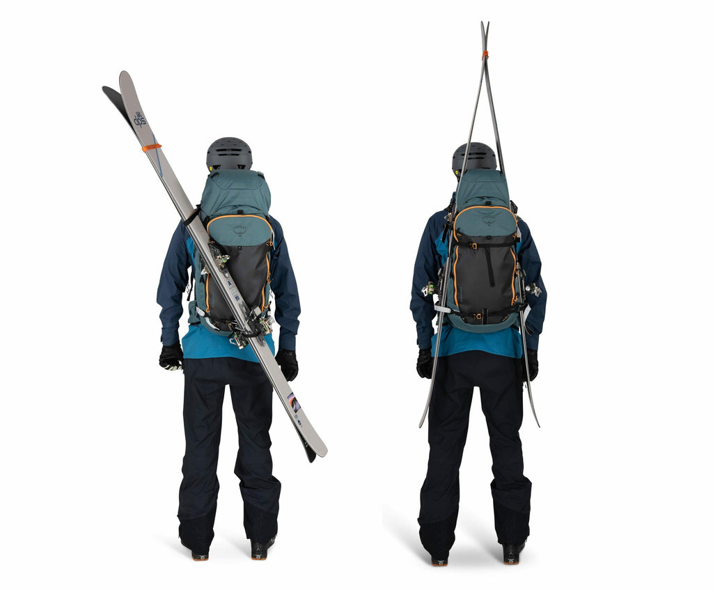 The image shows two rear views of a person wearing ski gear and a backpack. On the left, the skis are attached diagonally across the backpack, with the tips pointing upwards to the left. On the right, the skis are attached in an A-frame configuration, wit