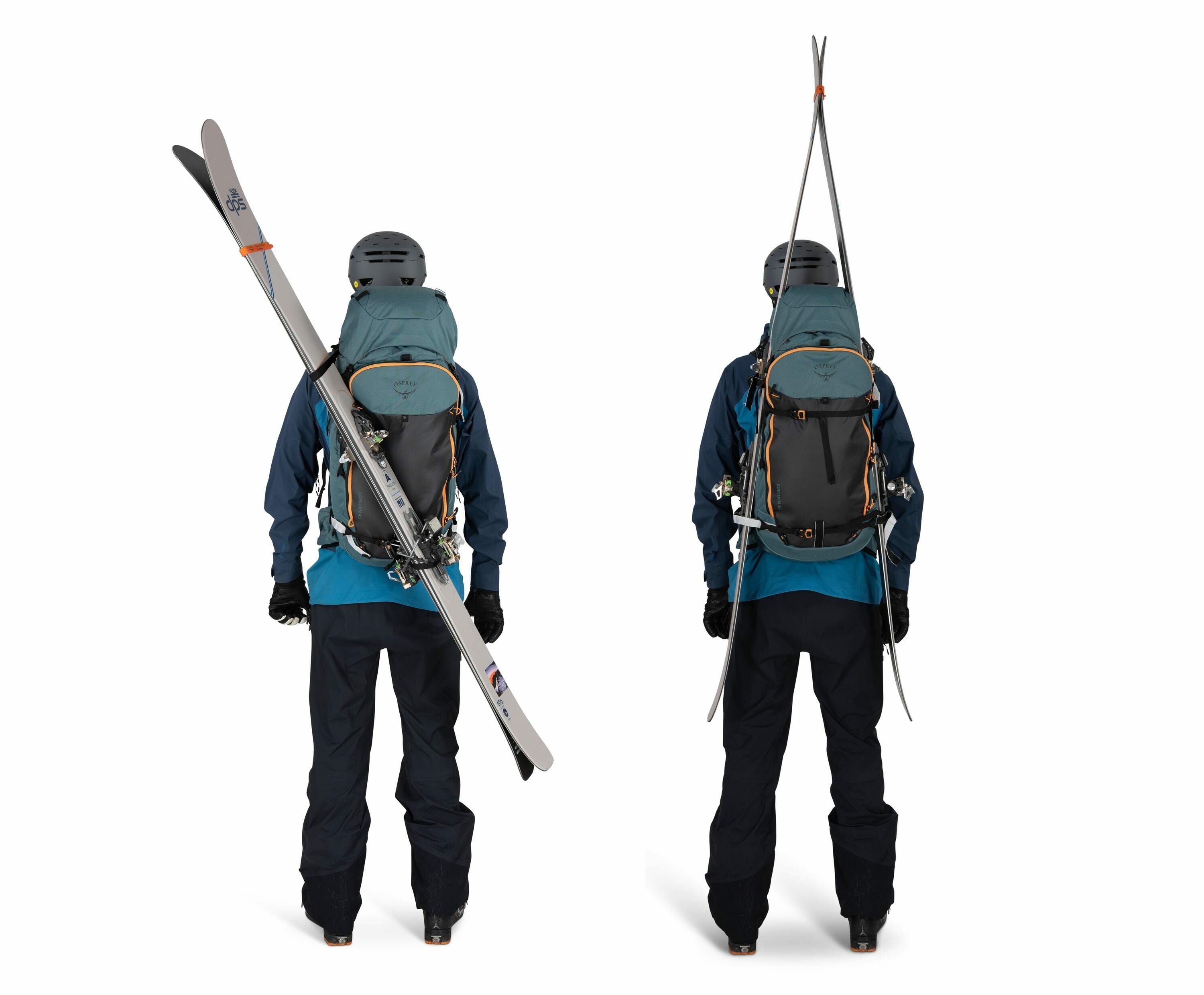 The image shows two rear views of a person wearing ski gear and a backpack. On the left, the skis are attached diagonally across the backpack, with the tips pointing upwards to the left. On the right, the skis are attached in an A-frame configuration, wit