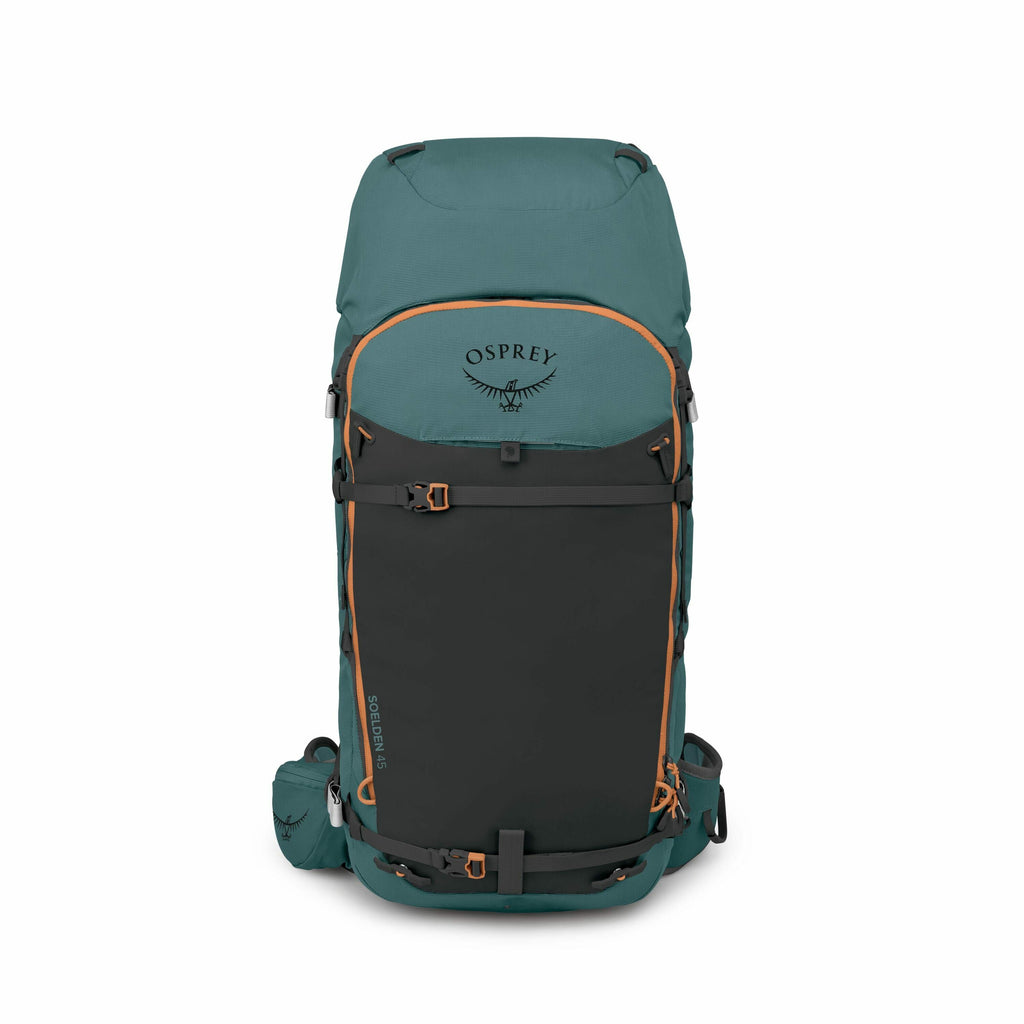 The images depict a series of layered views of an Osprey backpack, showcasing its different components and assembly. The main backpack is teal with a black front panel, featuring the Osprey logo prominently on the top. Several images break down the backpa