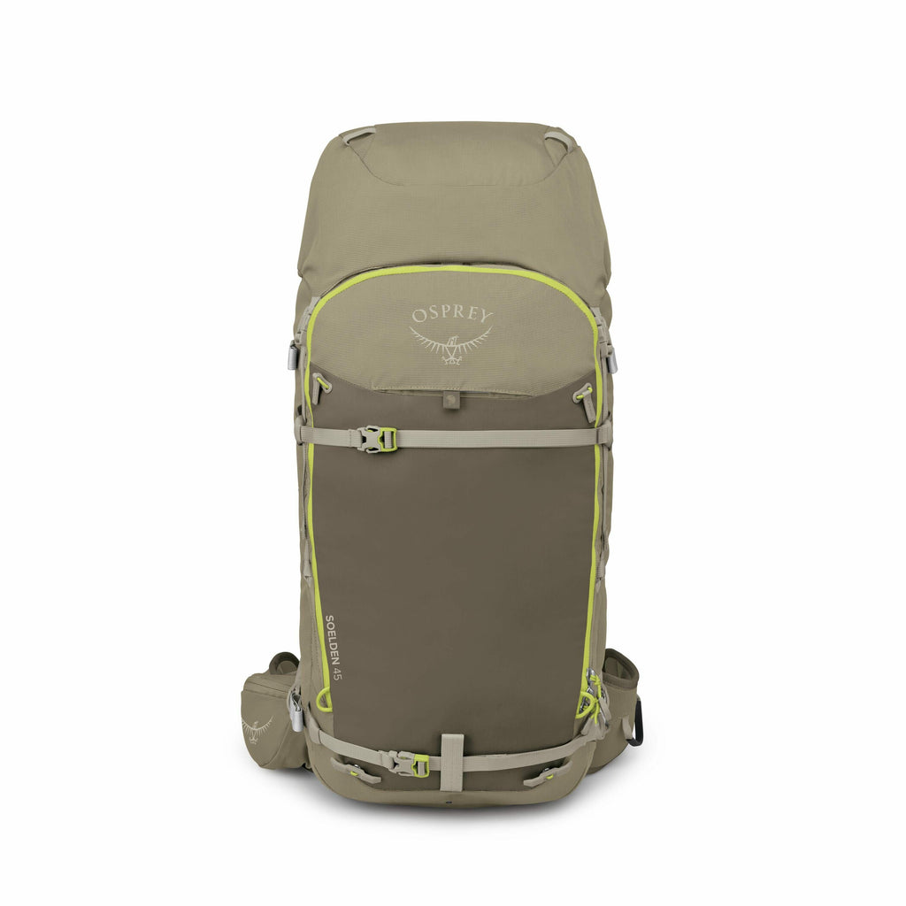 The image sequence depicts the Osprey backpack, showcasing its structure and disassembly process. Initially, it displays the complete backpack, highlighting its earthy tones with contrasting lime green accents and the Osprey logo on the upper section. As