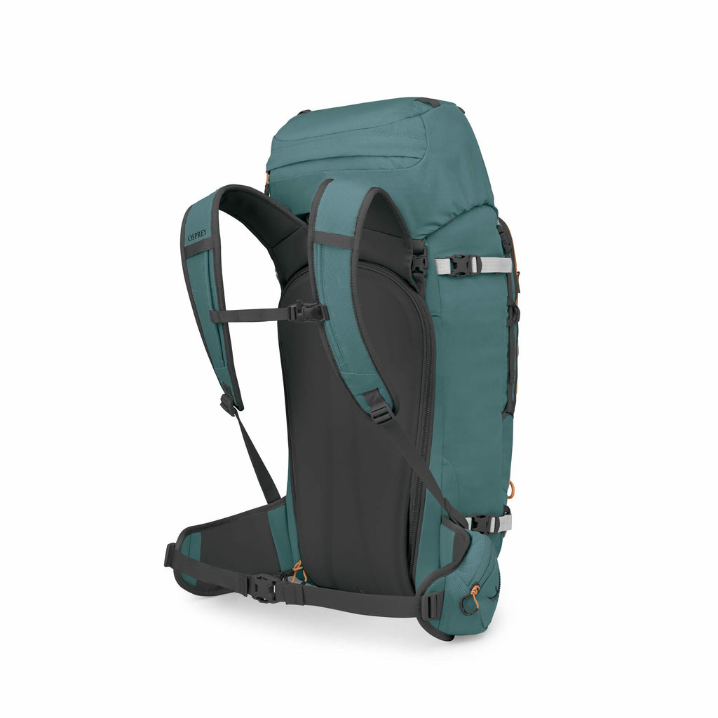 The image sequence showcases the assembly process of a hiking backpack. Starting from a fully assembled backpack, the subsequent images show the backpack being deconstructed piece by piece, highlighting its various components. The backpack features padded