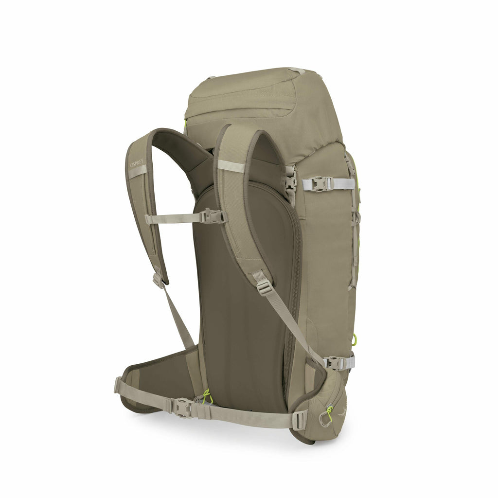 The images depict a light brown backpack shown from various angles, focusing primarily on its structure and components. Initially, the full backpack is visible, revealing features like padded shoulder straps and a back panel designed for comfort and suppo