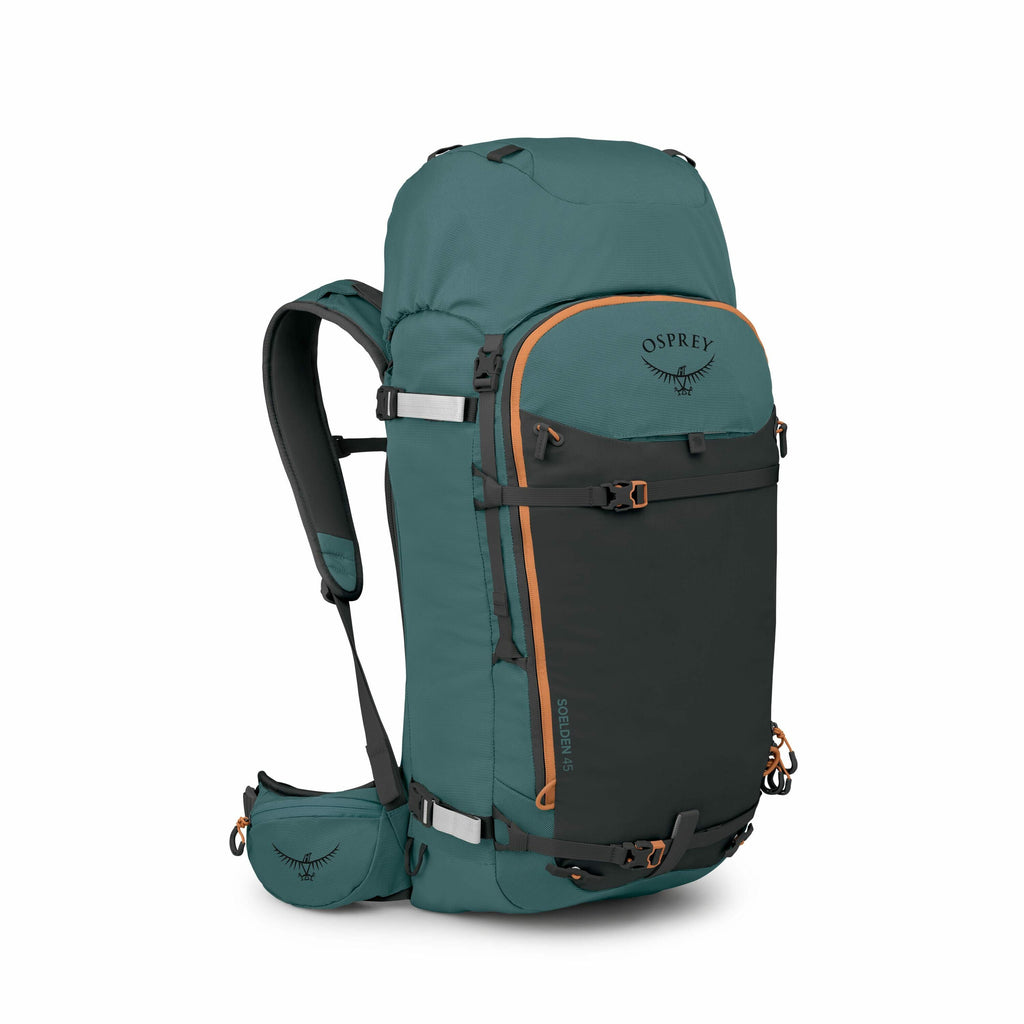 The image shows an Osprey backpack designed for outdoor activities such as hiking or climbing. It is primarily teal with black and orange accents, featuring various compartments and straps for securing gear. The design includes a prominent front pocket wi