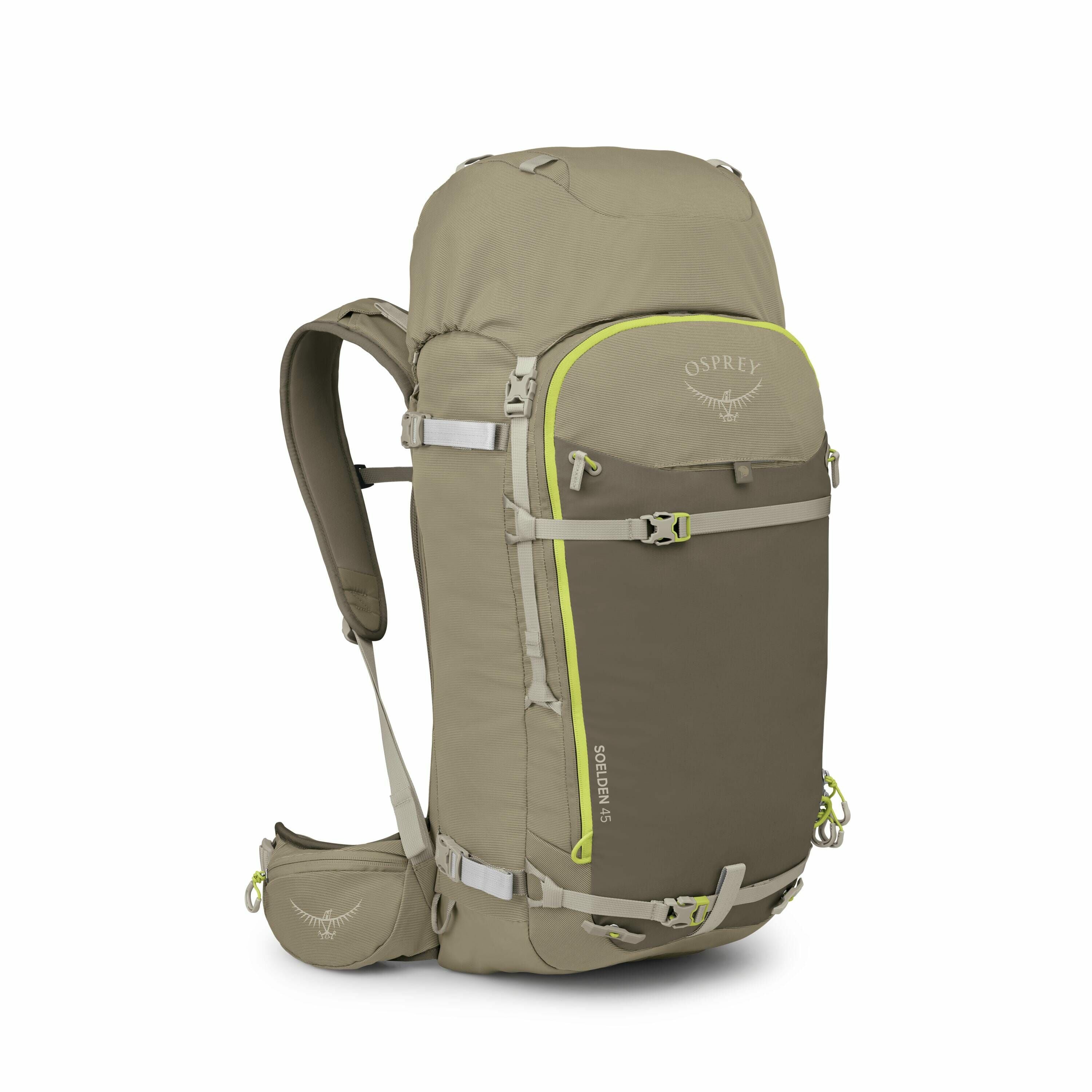The images depict various parts of an Osprey backpack, shown from different angles and in different states of assembly. The main body of the backpack is shown in the first two images, featuring a dual-tone color scheme with a beige base and olive green ac