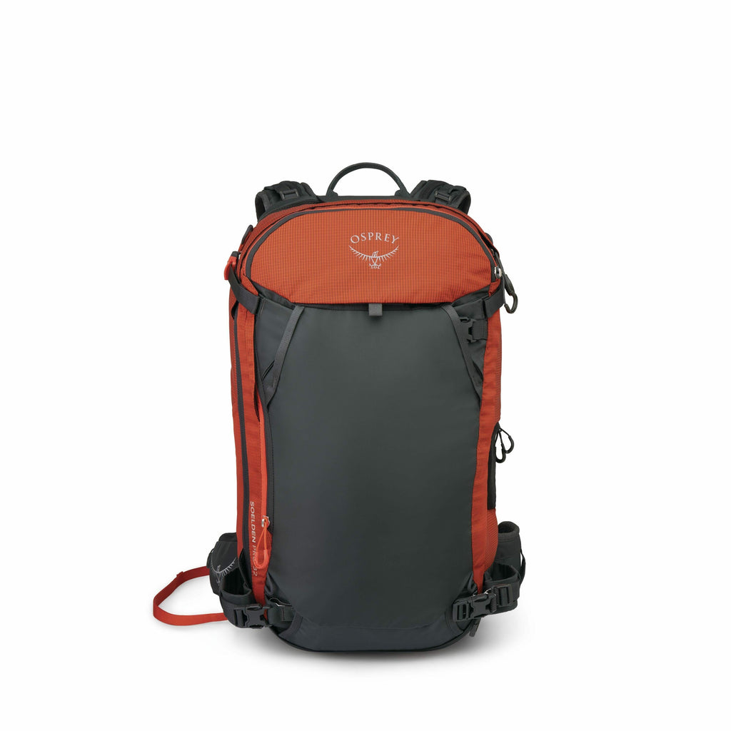 The image showcases a backpack from Osprey, a brand known for producing high-quality outdoor gear. This particular model is predominantly dark gray with striking red accents, giving it a sporty and dynamic appearance. The backpack features multiple adjust