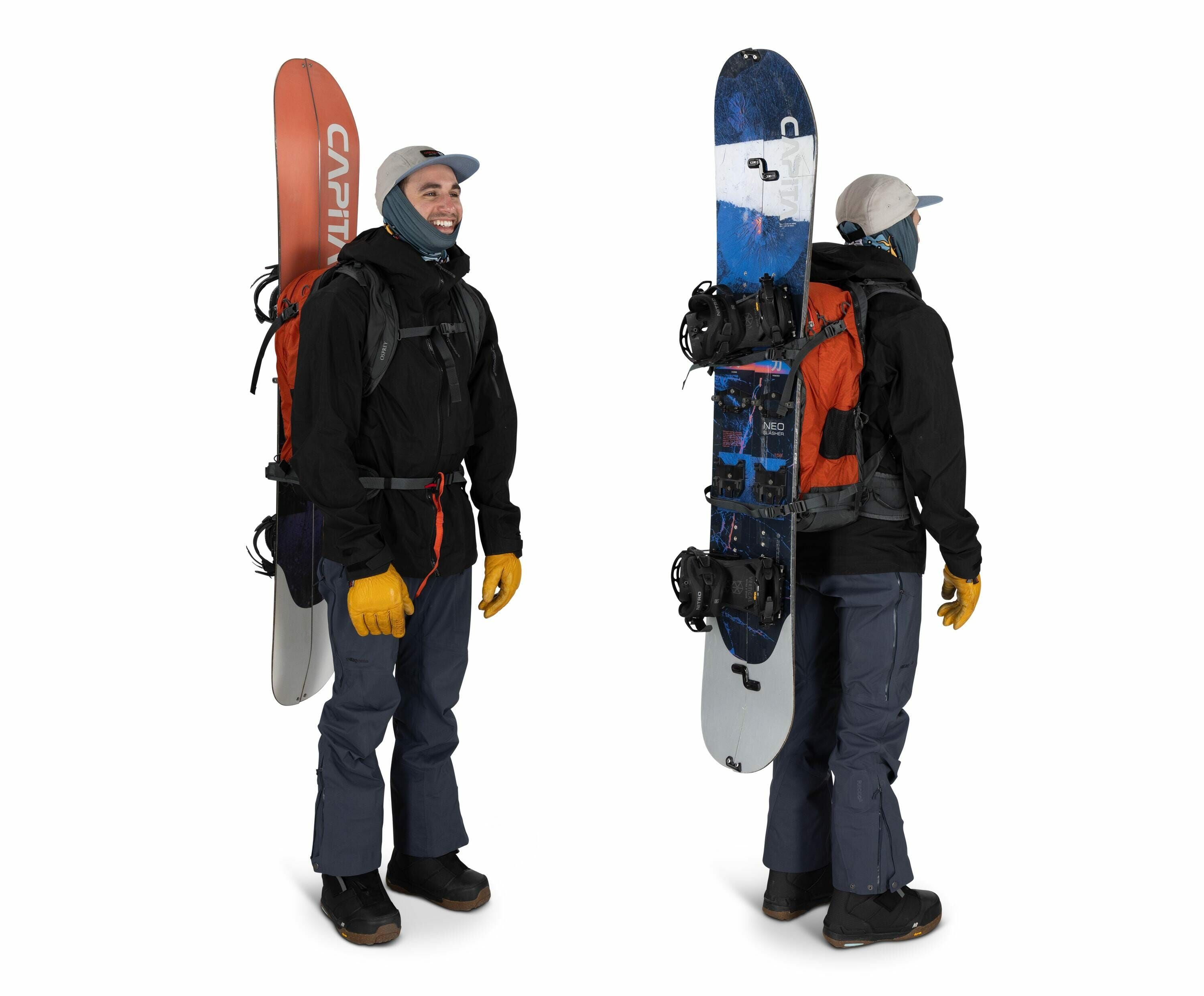 The image features a person dressed in snowboarding gear, equipped with a backpack designed to carry snowboards. On one side, the person carries a red snowboard branded with the name "CAPiTA," while on the other, there is a blue and white snowboard with b