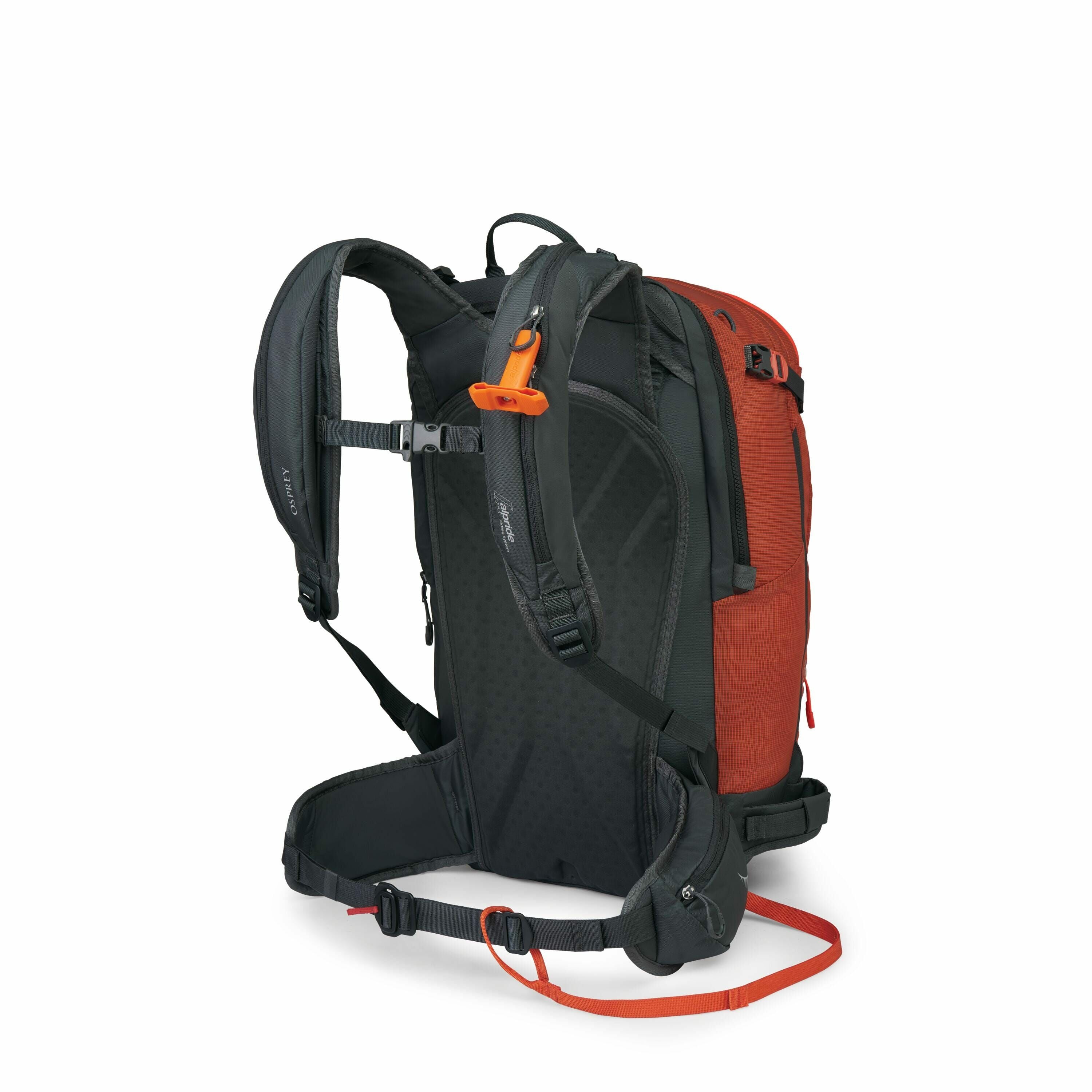 The image shows a backpack, viewed from the back side to highlight its ergonomic design. The backpack features padded shoulder straps in black, with an orange emergency whistle attached to one of the straps for safety purposes. Its back panel is contoured