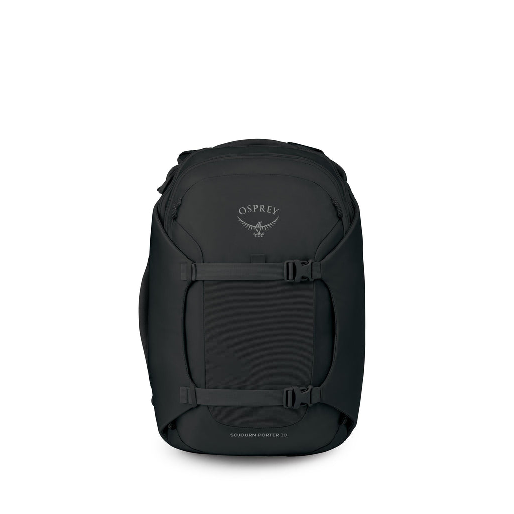 A sleek black Osprey backpack is centered against a white background. The front shows the Osprey logo and two horizontal compression straps across a rectangular panel. Additional images break the bag into components or layers, highlighting parts like the