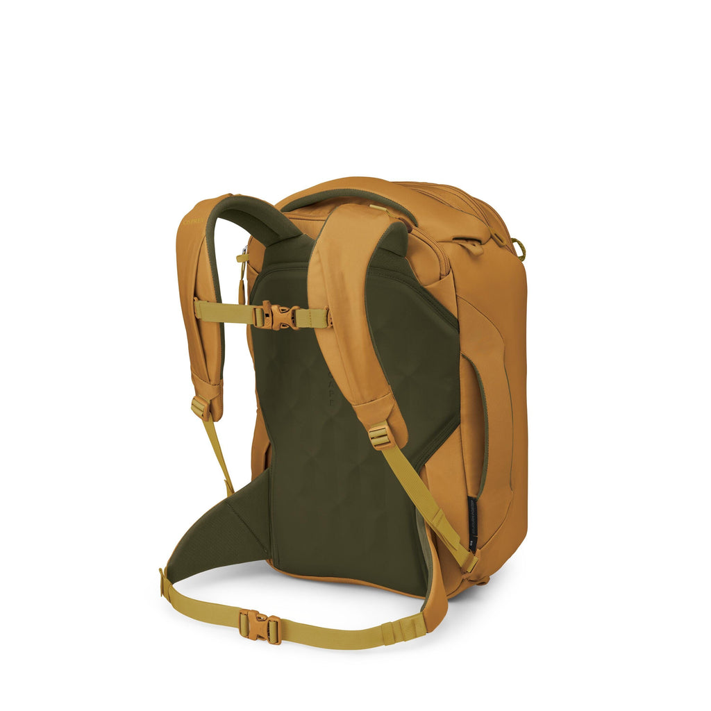 A mustard-yellow and olive-green hiking backpack is shown from the back and side. It features padded shoulder straps, a sternum strap, and a padded hip belt with buckles for stability. The back panel appears cushioned with a dark green fabric, and there a