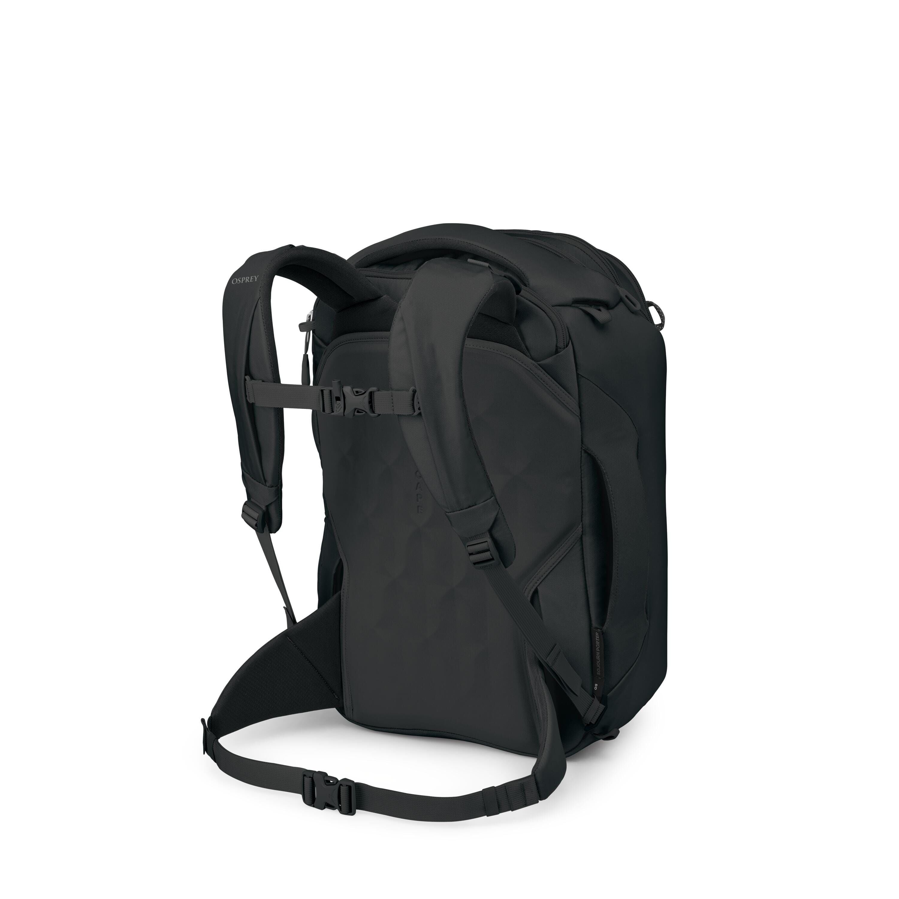 A black technical backpack is shown from the back, highlighting its padded shoulder straps, sternum strap, and hip belt. Subsequent frames present an exploded view where the pack is broken down into layers and components: harness padding, webbing straps,