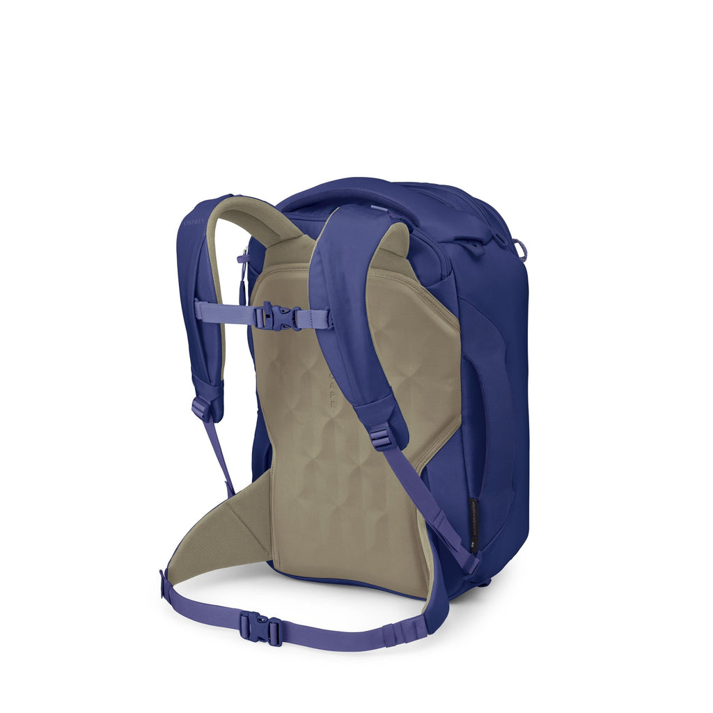 The image shows a blue and olive backpack viewed from the back, highlighting its harness system. It features padded shoulder straps, a sternum strap, and a padded back panel with a hip belt for stability. Additional frames show segmented layers or parts o