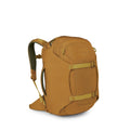 A mustard yellow Osprey backpack is shown on a white background, positioned at a three-quarter angle. It features padded shoulder straps, a hip belt, and a streamlined, sporty shape. Two horizontal compression straps sit on the front panel, and multiple z